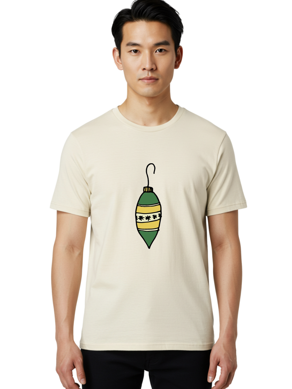 Christmas-Ornament-1 Men'S Graphic Tee, 100% Cotton, Comfortable Casual Summer Wear, Machine Washable, Christmas Decoration, Festive Ornament, Holiday Decor, Green And Yellow Bauble, Striped Pattern, Floral Design, Hanging Decoration, -  Aaa809