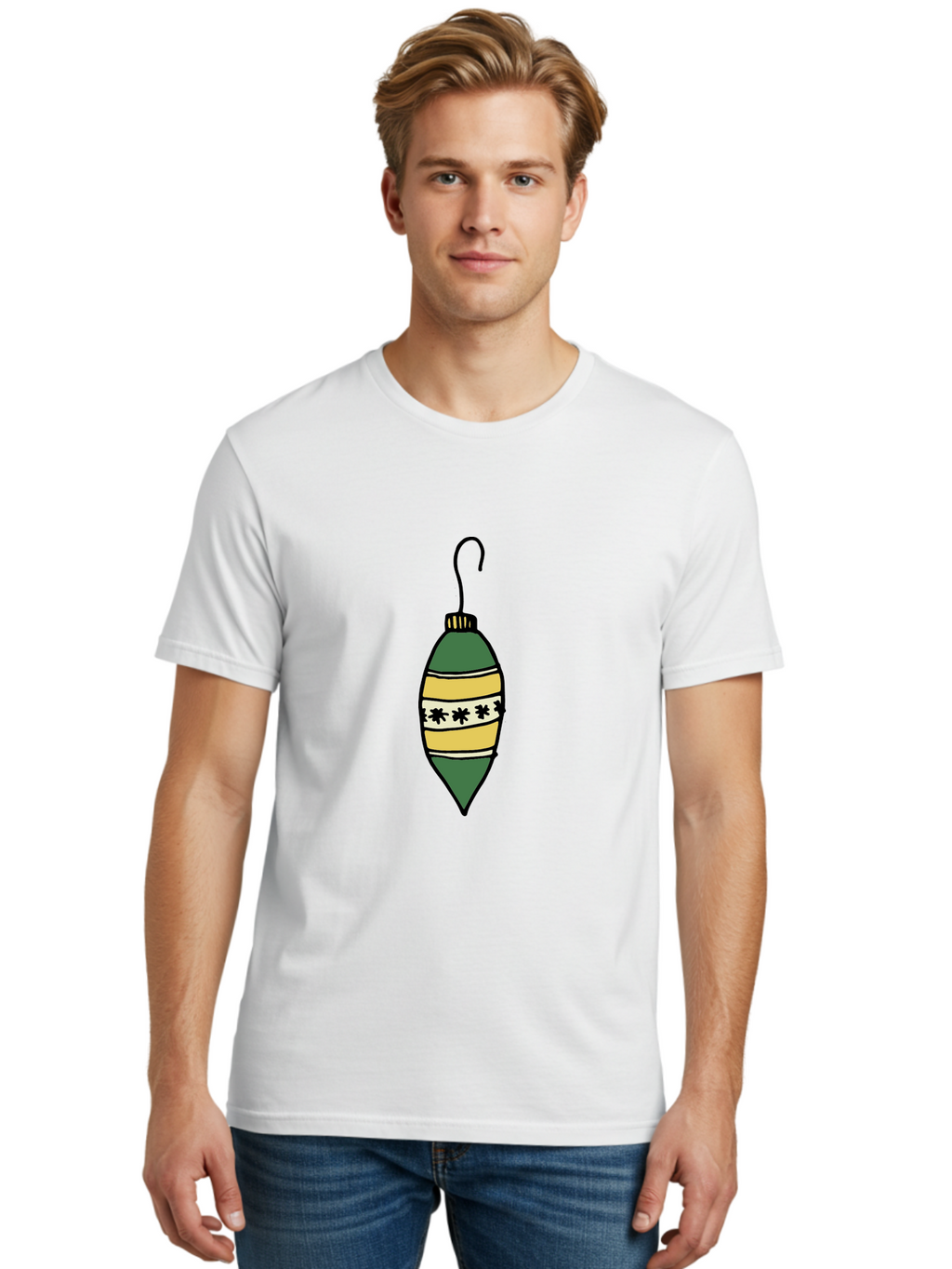 Christmas-Ornament-1 Men'S Graphic Tee, 100% Cotton, Comfortable Casual Summer Wear, Machine Washable, Christmas Decoration, Festive Ornament, Holiday Decor, Green And Yellow Bauble, Striped Pattern, Floral Design, Hanging Decoration, -  Aaa809