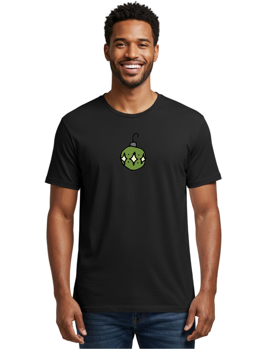 Christmas-Ornament-5 Men'S Graphic Tee, 100% Cotton, Comfortable Casual Summer Wear, Machine Washable, Christmas Decoration, Festive Symbol, Green Ornament, Hanging Decoration, Holiday Decor, Cartoon Style, White Diamonds, Black Outline, -  Aaa813