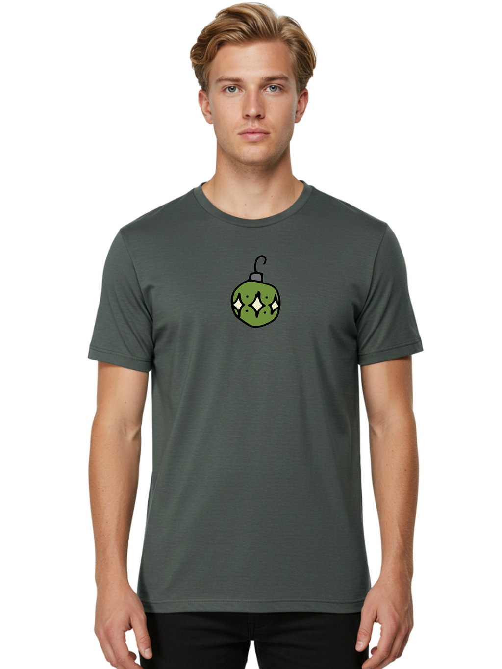 Christmas-Ornament-5 Men'S Graphic Tee, 100% Cotton, Comfortable Casual Summer Wear, Machine Washable, Christmas Decoration, Festive Symbol, Green Ornament, Hanging Decoration, Holiday Decor, Cartoon Style, White Diamonds, Black Outline, -  Aaa813