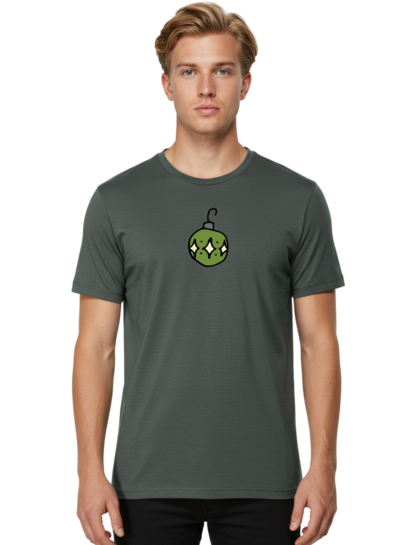 Christmas-Ornament-5 Men'S Graphic Tee, 100% Cotton, Comfortable Casual Summer Wear, Machine Washable, Christmas Decoration, Festive Symbol, Green Ornament, Hanging Decoration, Holiday Decor, Cartoon Style, White Diamonds, Black Outline, -  Aaa813