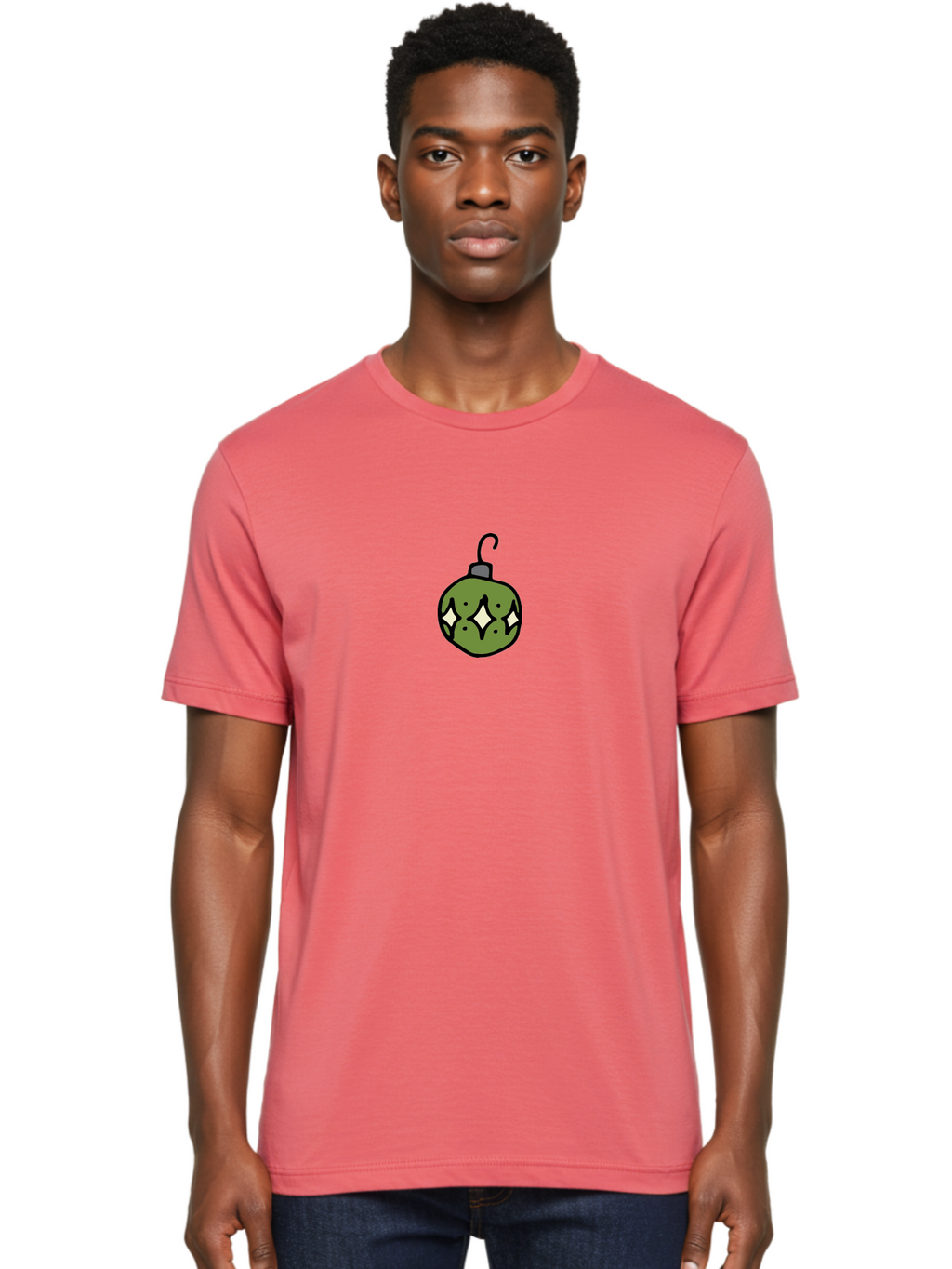 Christmas-Ornament-5 Men'S Graphic Tee, 100% Cotton, Comfortable Casual Summer Wear, Machine Washable, Christmas Decoration, Festive Symbol, Green Ornament, Hanging Decoration, Holiday Decor, Cartoon Style, White Diamonds, Black Outline, -  Aaa813