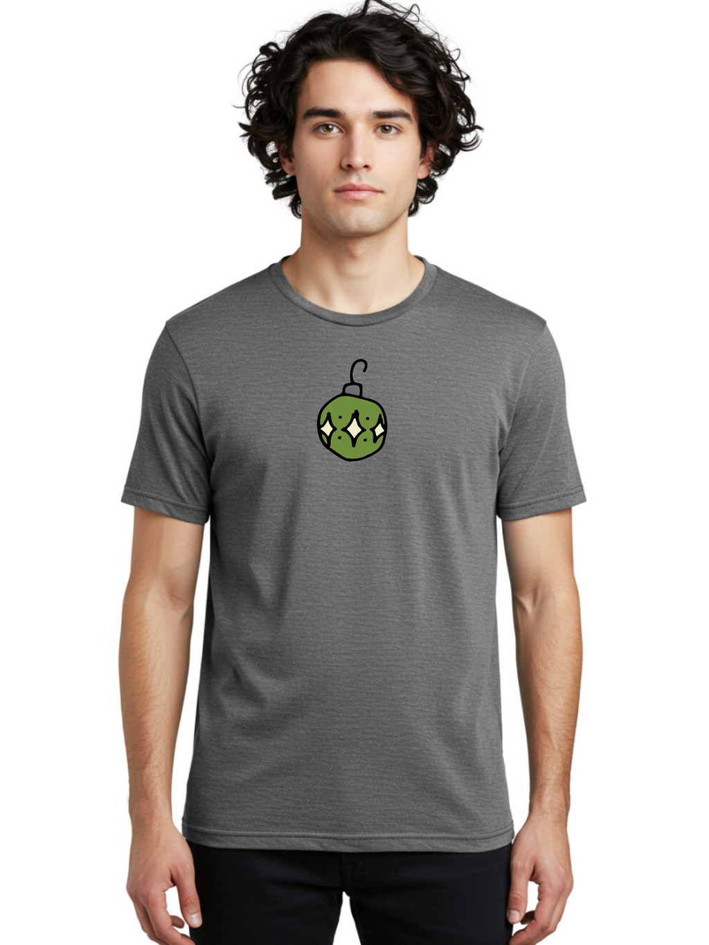 Christmas-Ornament-5 Men'S Graphic Tee, 100% Cotton, Comfortable Casual Summer Wear, Machine Washable, Christmas Decoration, Festive Symbol, Green Ornament, Hanging Decoration, Holiday Decor, Cartoon Style, White Diamonds, Black Outline, -  Aaa813