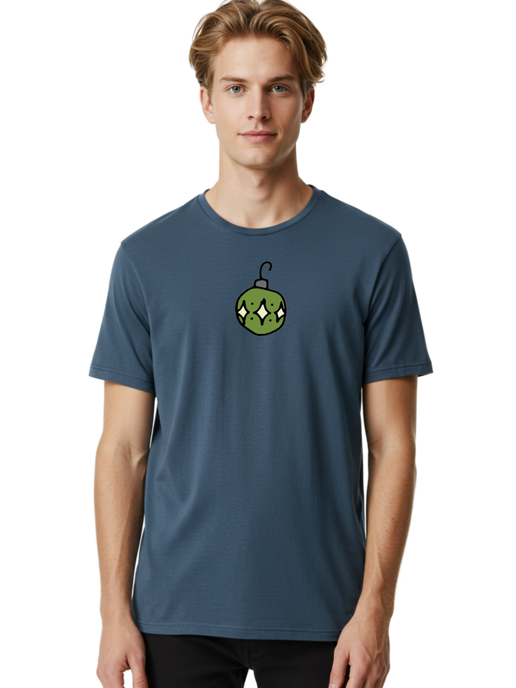 Christmas-Ornament-5 Men'S Graphic Tee, 100% Cotton, Comfortable Casual Summer Wear, Machine Washable, Christmas Decoration, Festive Symbol, Green Ornament, Hanging Decoration, Holiday Decor, Cartoon Style, White Diamonds, Black Outline, -  Aaa813