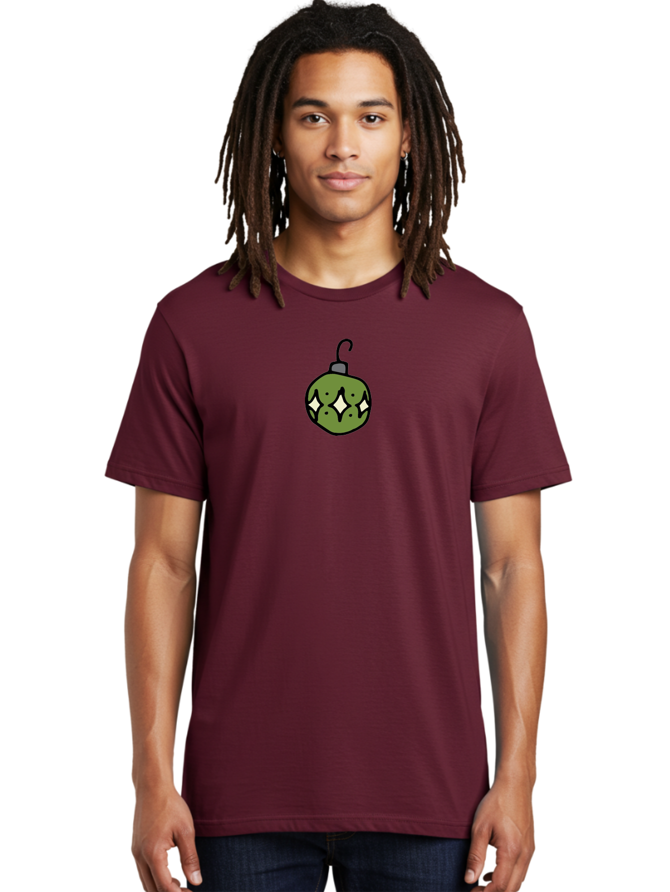 Christmas-Ornament-5 Men'S Graphic Tee, 100% Cotton, Comfortable Casual Summer Wear, Machine Washable, Christmas Decoration, Festive Symbol, Green Ornament, Hanging Decoration, Holiday Decor, Cartoon Style, White Diamonds, Black Outline, -  Aaa813