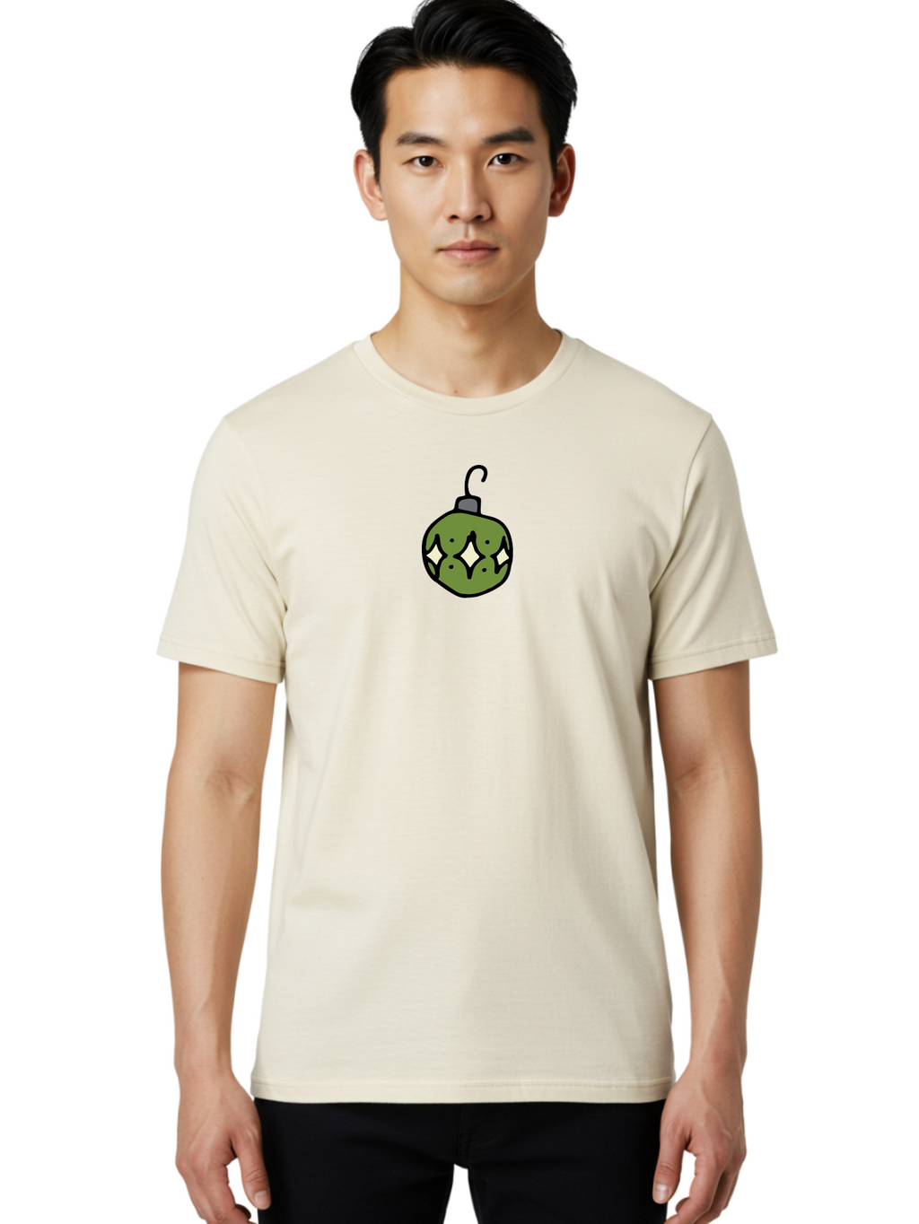 Christmas-Ornament-5 Men'S Graphic Tee, 100% Cotton, Comfortable Casual Summer Wear, Machine Washable, Christmas Decoration, Festive Symbol, Green Ornament, Hanging Decoration, Holiday Decor, Cartoon Style, White Diamonds, Black Outline, -  Aaa813