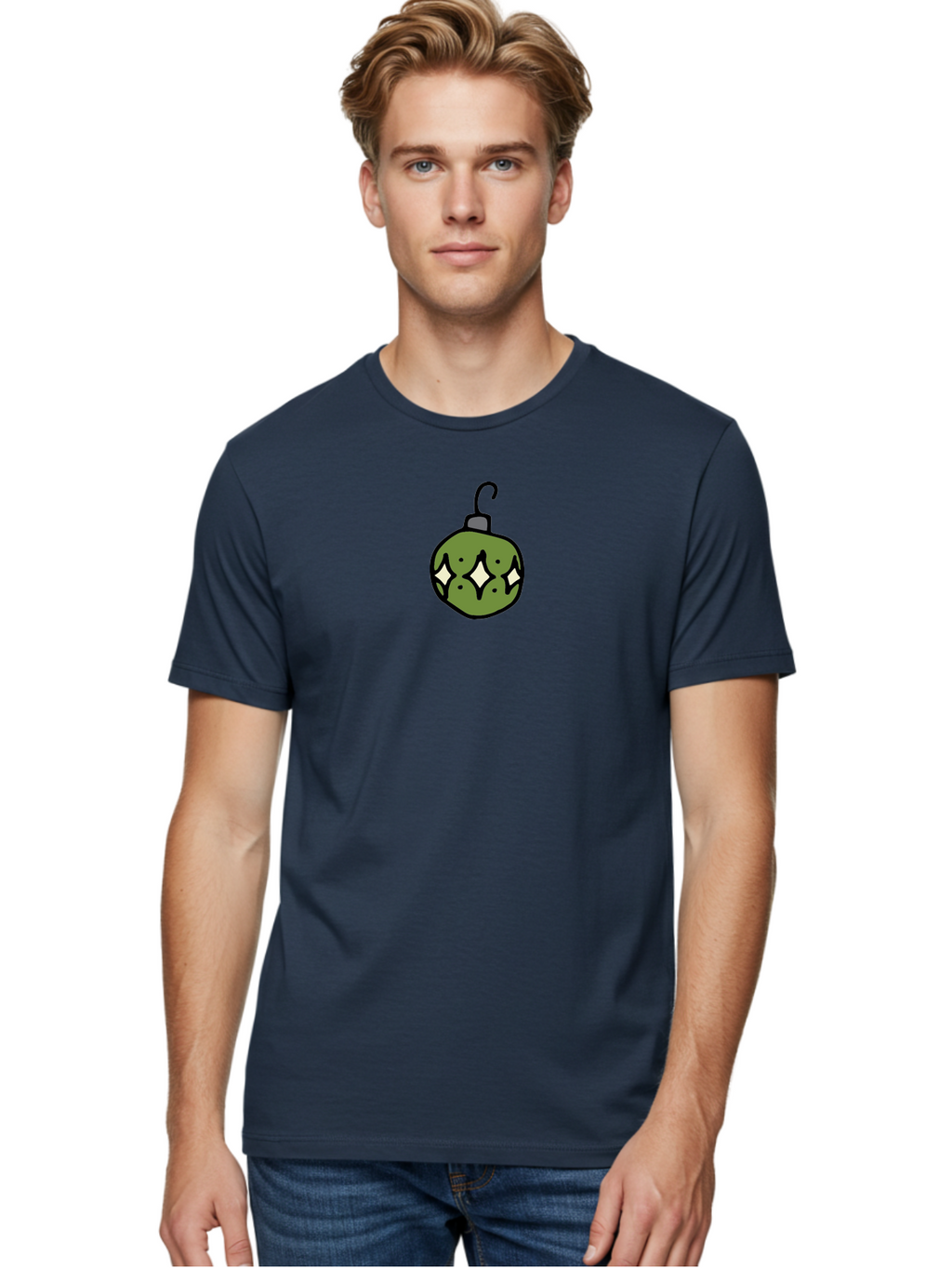 Christmas-Ornament-5 Men'S Graphic Tee, 100% Cotton, Comfortable Casual Summer Wear, Machine Washable, Christmas Decoration, Festive Symbol, Green Ornament, Hanging Decoration, Holiday Decor, Cartoon Style, White Diamonds, Black Outline, -  Aaa813