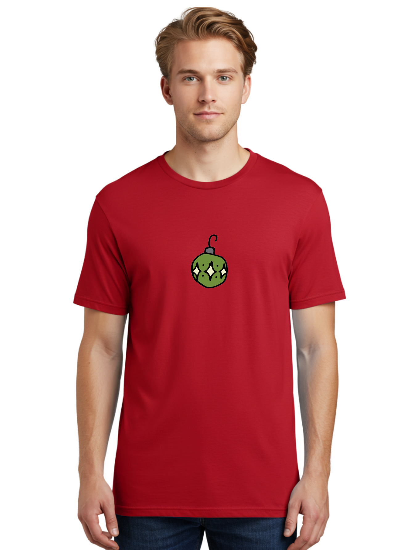 Christmas-Ornament-5 Men'S Graphic Tee, 100% Cotton, Comfortable Casual Summer Wear, Machine Washable, Christmas Decoration, Festive Symbol, Green Ornament, Hanging Decoration, Holiday Decor, Cartoon Style, White Diamonds, Black Outline, -  Aaa813