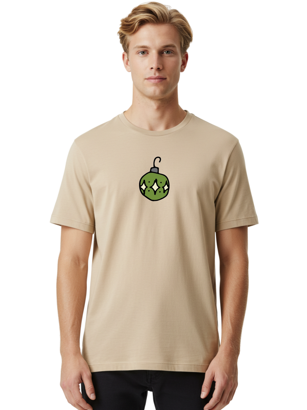 Christmas-Ornament-5 Men'S Graphic Tee, 100% Cotton, Comfortable Casual Summer Wear, Machine Washable, Christmas Decoration, Festive Symbol, Green Ornament, Hanging Decoration, Holiday Decor, Cartoon Style, White Diamonds, Black Outline, -  Aaa813
