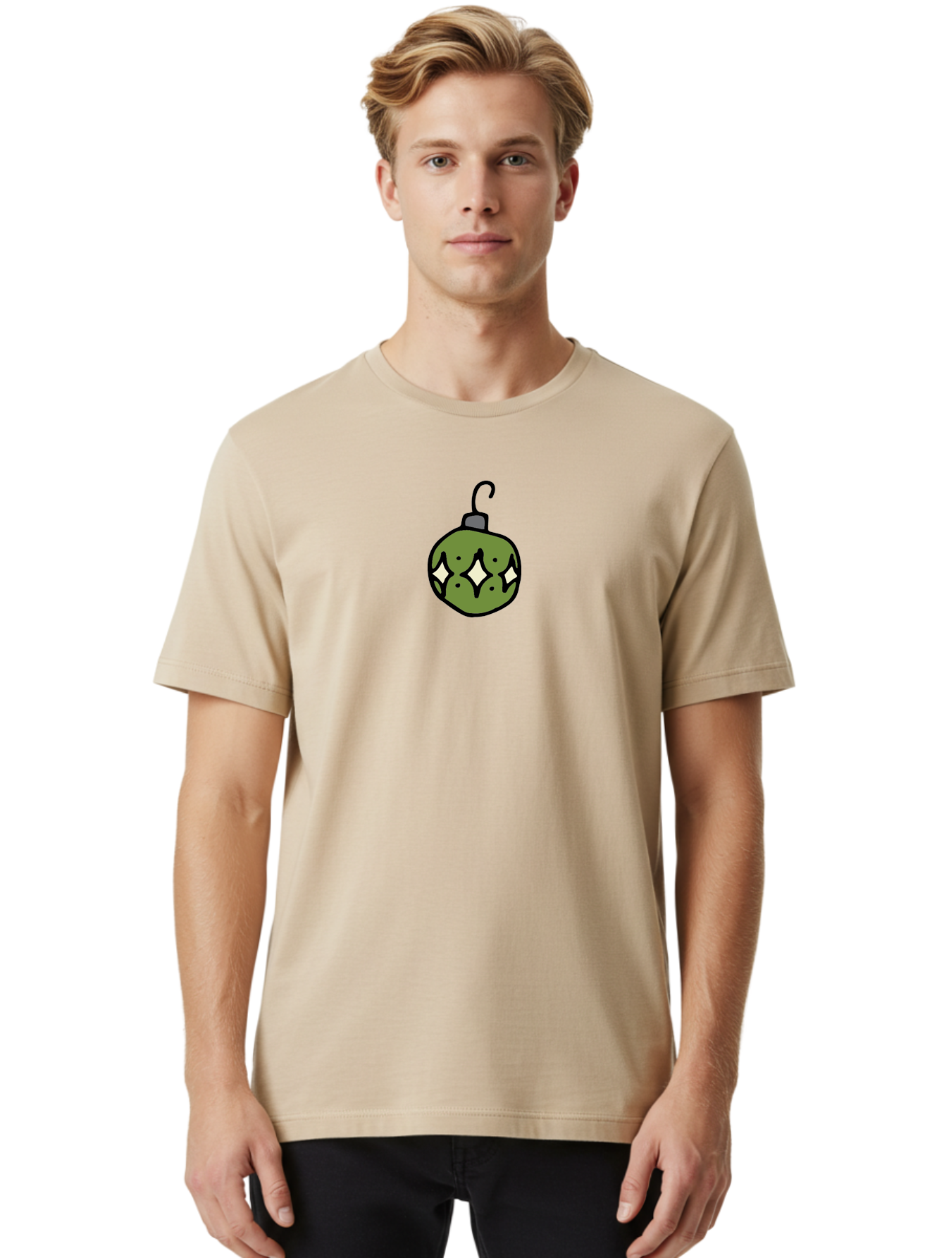 Christmas-Ornament-5 Men'S Graphic Tee, 100% Cotton, Comfortable Casual Summer Wear, Machine Washable, Christmas Decoration, Festive Symbol, Green Ornament, Hanging Decoration, Holiday Decor, Cartoon Style, White Diamonds, Black Outline, -  Aaa813