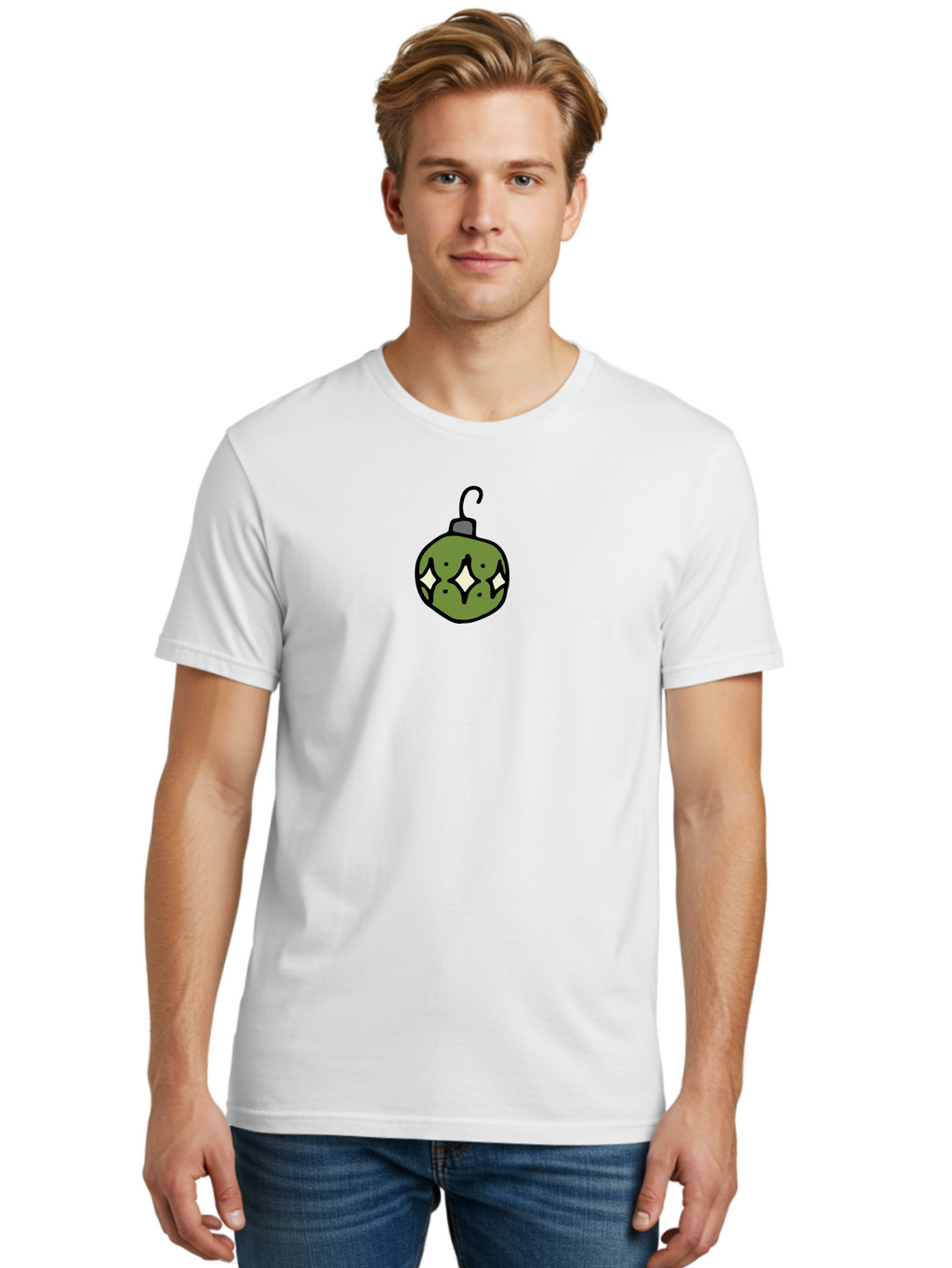 Christmas-Ornament-5 Men'S Graphic Tee, 100% Cotton, Comfortable Casual Summer Wear, Machine Washable, Christmas Decoration, Festive Symbol, Green Ornament, Hanging Decoration, Holiday Decor, Cartoon Style, White Diamonds, Black Outline, -  Aaa813