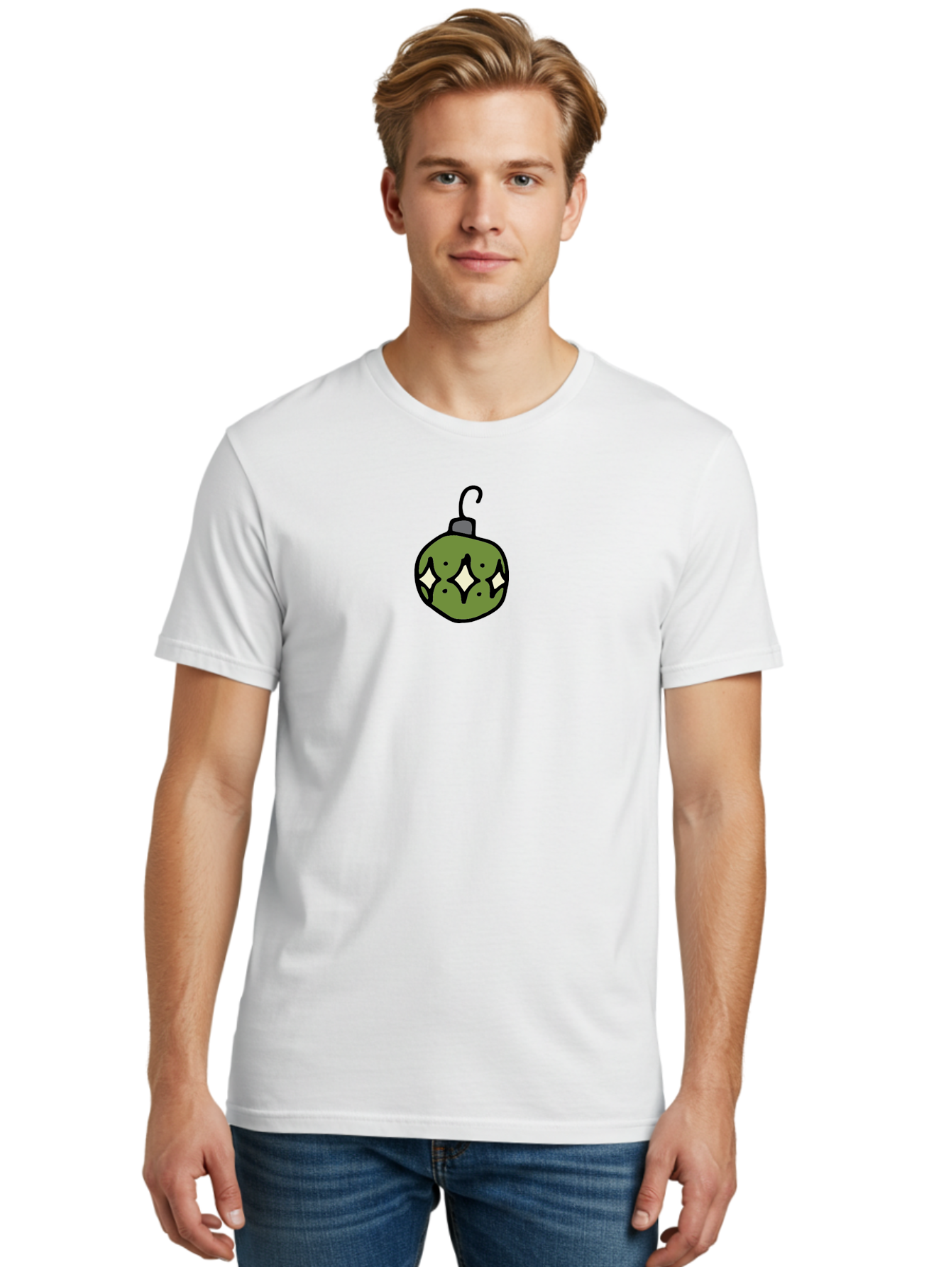 Christmas-Ornament-5 Men'S Graphic Tee, 100% Cotton, Comfortable Casual Summer Wear, Machine Washable, Christmas Decoration, Festive Symbol, Green Ornament, Hanging Decoration, Holiday Decor, Cartoon Style, White Diamonds, Black Outline, -  Aaa813