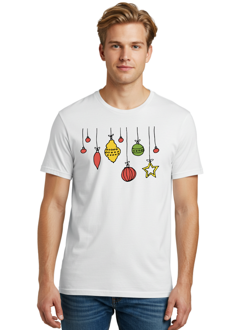 Christmas-Ornaments-1 Men'S Graphic Tee, 100% Cotton, Comfortable Casual Summer Wear, Machine Washable, Christmas Ornaments, Hanging Decorations, Festive Decor, Holiday Season, Christmas Tree Decorations, Red And Green Ornaments, -  Aaa816