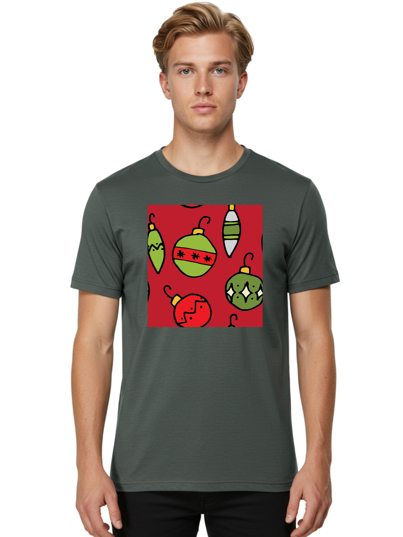 Christmas-Ornaments Men'S Graphic Tee, 100% Cotton, Comfortable Casual Summer Wear, Machine Washable, Christmas Decorations, Festive Ornaments, Holiday Baubles, Red And Green Theme, Cartoon Style, Winter Wonderland, Seasonal Decor, -  Aaa817