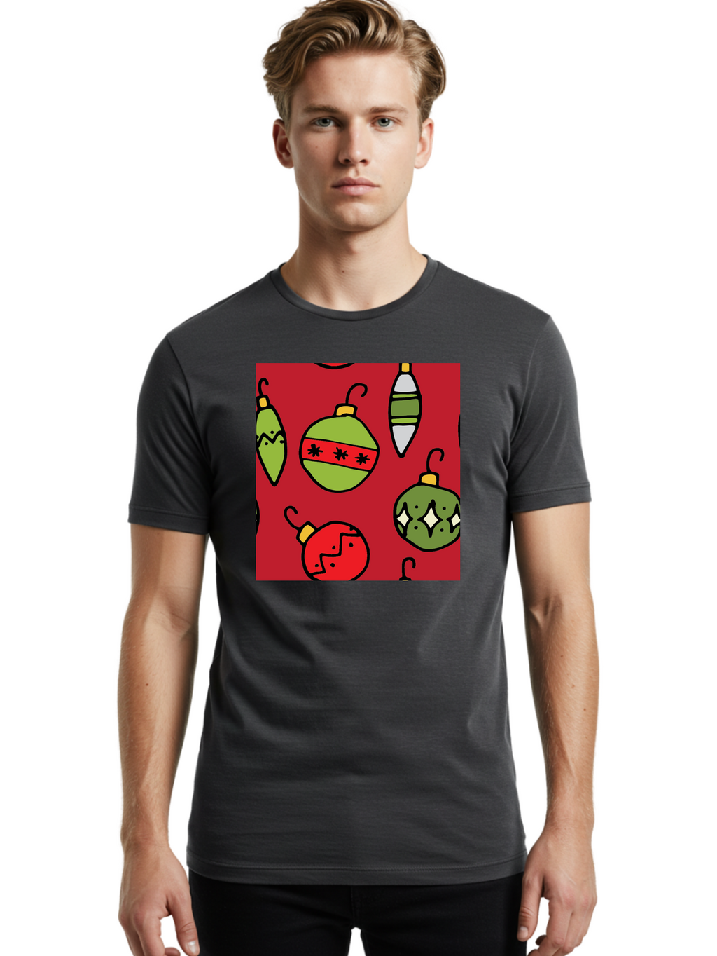 Christmas-Ornaments Men'S Graphic Tee, 100% Cotton, Comfortable Casual Summer Wear, Machine Washable, Christmas Decorations, Festive Ornaments, Holiday Baubles, Red And Green Theme, Cartoon Style, Winter Wonderland, Seasonal Decor, -  Aaa817