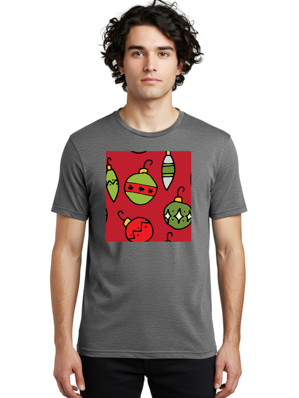 Christmas-Ornaments Men'S Graphic Tee, 100% Cotton, Comfortable Casual Summer Wear, Machine Washable, Christmas Decorations, Festive Ornaments, Holiday Baubles, Red And Green Theme, Cartoon Style, Winter Wonderland, Seasonal Decor, -  Aaa817