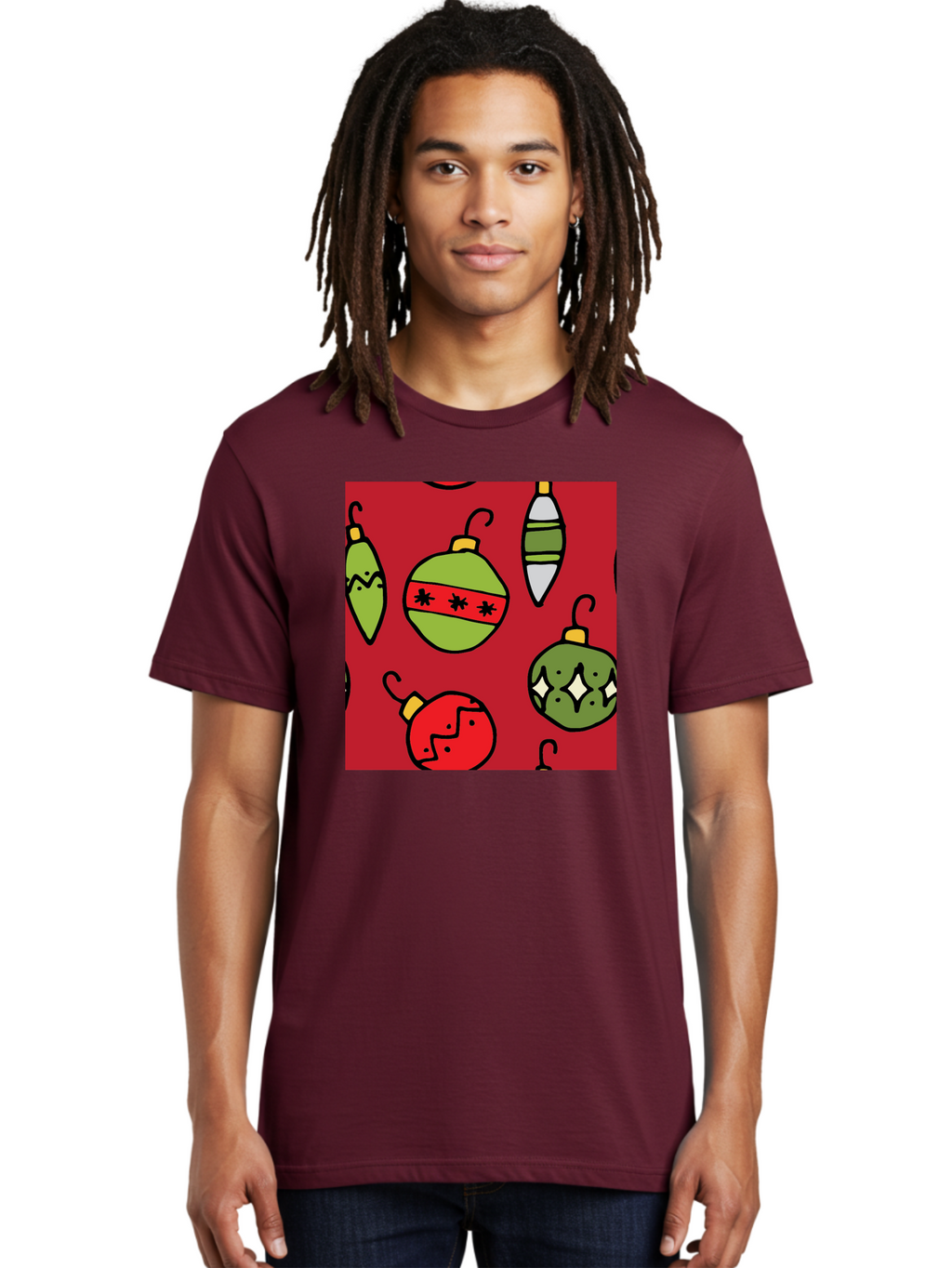 Christmas-Ornaments Men'S Graphic Tee, 100% Cotton, Comfortable Casual Summer Wear, Machine Washable, Christmas Decorations, Festive Ornaments, Holiday Baubles, Red And Green Theme, Cartoon Style, Winter Wonderland, Seasonal Decor, -  Aaa817