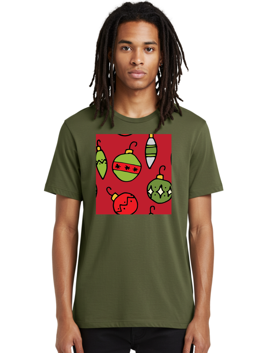Christmas-Ornaments Men'S Graphic Tee, 100% Cotton, Comfortable Casual Summer Wear, Machine Washable, Christmas Decorations, Festive Ornaments, Holiday Baubles, Red And Green Theme, Cartoon Style, Winter Wonderland, Seasonal Decor, -  Aaa817