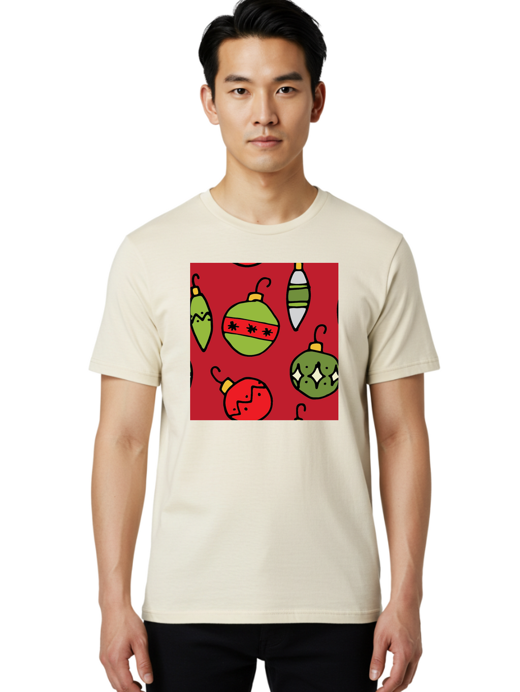 Christmas-Ornaments Men'S Graphic Tee, 100% Cotton, Comfortable Casual Summer Wear, Machine Washable, Christmas Decorations, Festive Ornaments, Holiday Baubles, Red And Green Theme, Cartoon Style, Winter Wonderland, Seasonal Decor, -  Aaa817