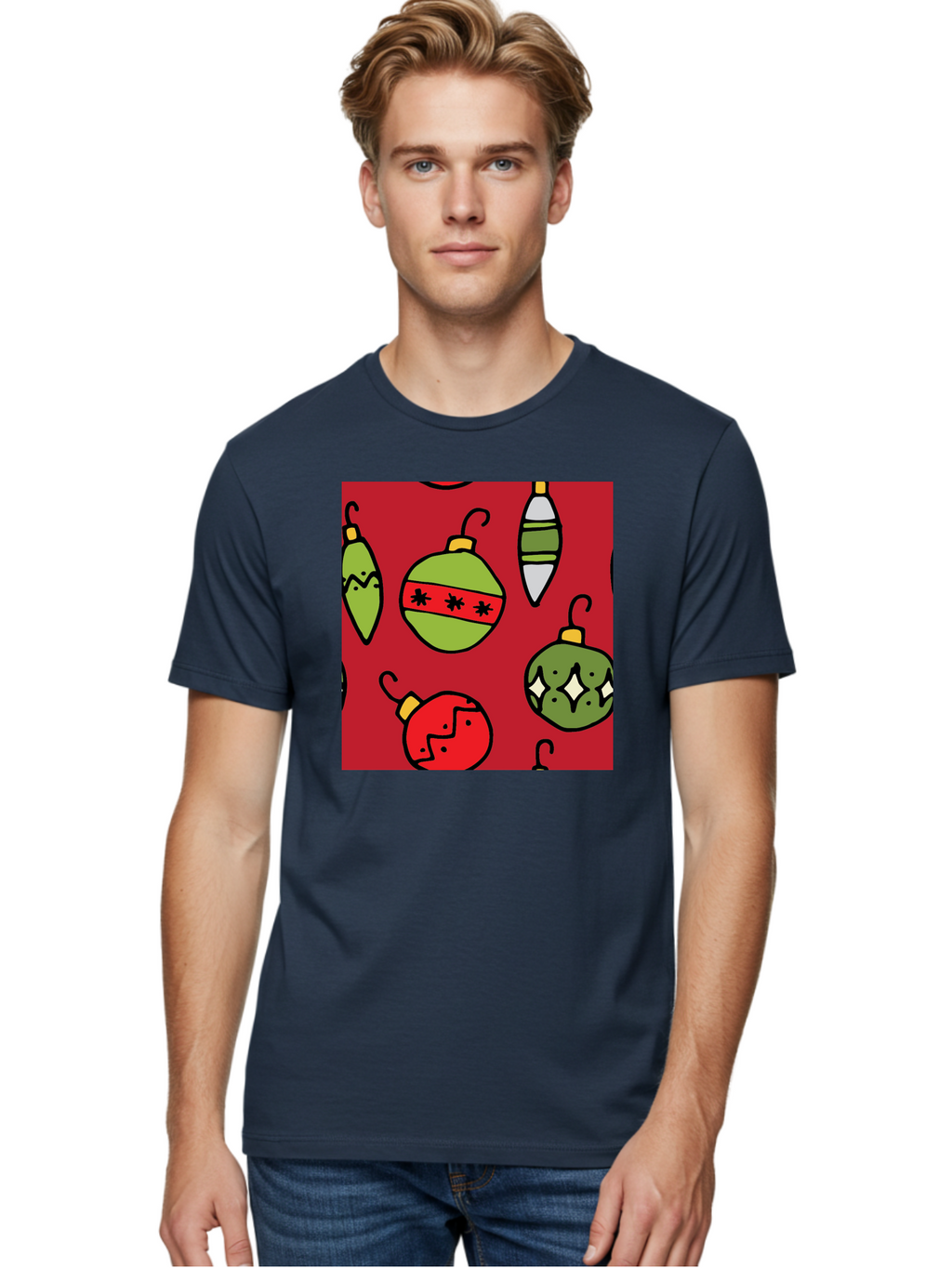 Christmas-Ornaments Men'S Graphic Tee, 100% Cotton, Comfortable Casual Summer Wear, Machine Washable, Christmas Decorations, Festive Ornaments, Holiday Baubles, Red And Green Theme, Cartoon Style, Winter Wonderland, Seasonal Decor, -  Aaa817