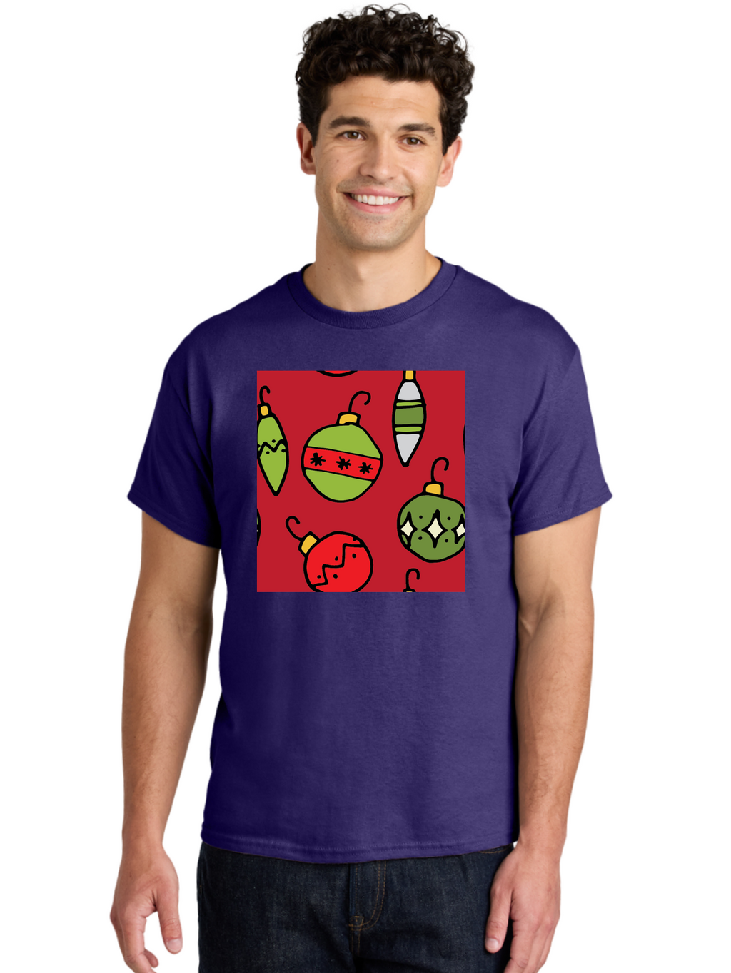 Christmas-Ornaments Men'S Graphic Tee, 100% Cotton, Comfortable Casual Summer Wear, Machine Washable, Christmas Decorations, Festive Ornaments, Holiday Baubles, Red And Green Theme, Cartoon Style, Winter Wonderland, Seasonal Decor, -  Aaa817