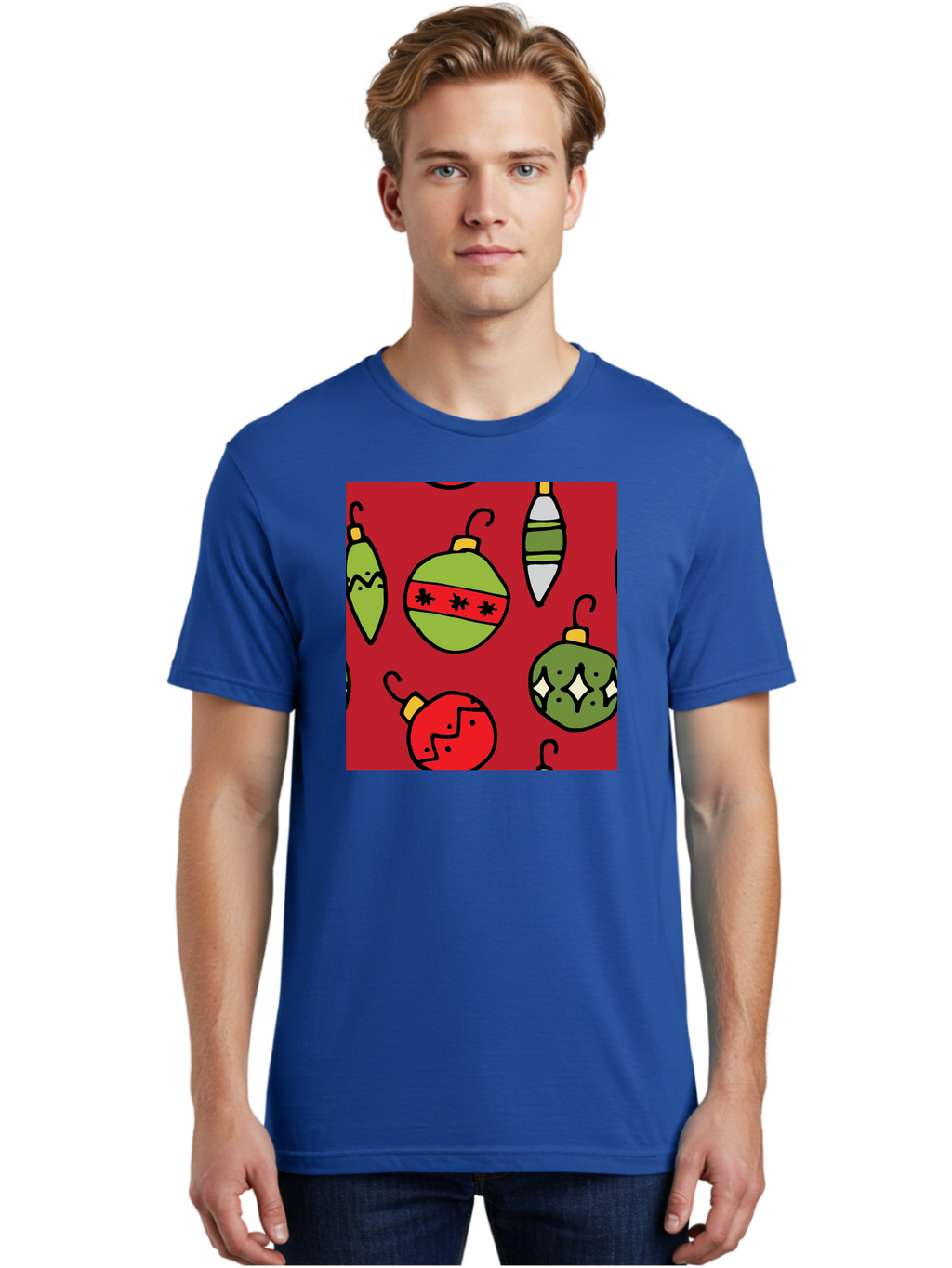 Christmas-Ornaments Men'S Graphic Tee, 100% Cotton, Comfortable Casual Summer Wear, Machine Washable, Christmas Decorations, Festive Ornaments, Holiday Baubles, Red And Green Theme, Cartoon Style, Winter Wonderland, Seasonal Decor, -  Aaa817