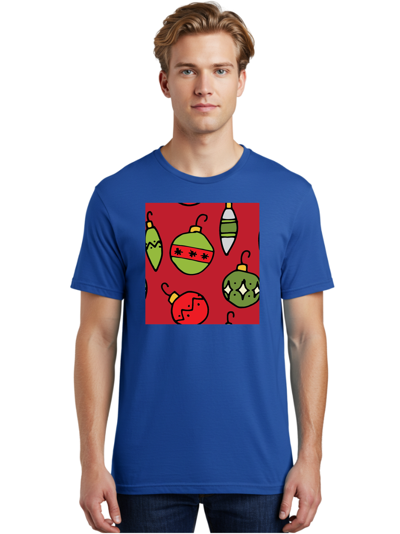 Christmas-Ornaments Men'S Graphic Tee, 100% Cotton, Comfortable Casual Summer Wear, Machine Washable, Christmas Decorations, Festive Ornaments, Holiday Baubles, Red And Green Theme, Cartoon Style, Winter Wonderland, Seasonal Decor, -  Aaa817