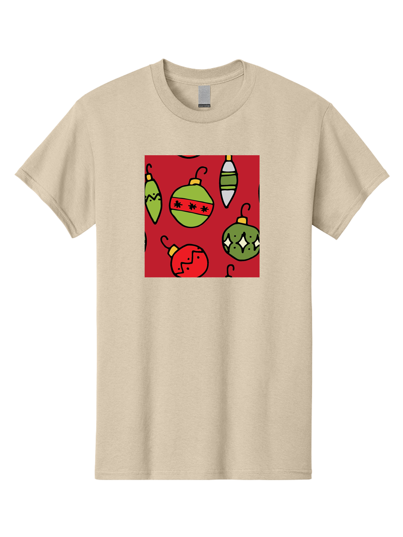 Christmas-Ornaments Men'S Graphic Tee, 100% Cotton, Comfortable Casual Summer Wear, Machine Washable, Christmas Decorations, Festive Ornaments, Holiday Baubles, Red And Green Theme, Cartoon Style, Winter Wonderland, Seasonal Decor, -  Aaa817