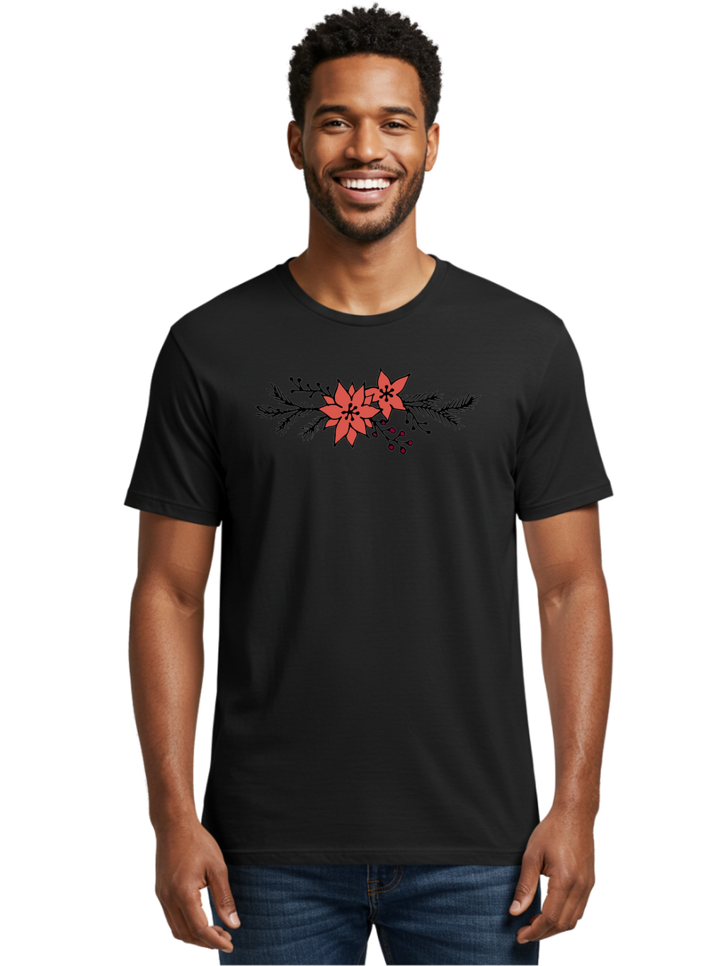 Christmas-Poinsettia Men'S Graphic Tee, 100% Cotton, Comfortable Casual Summer Wear, Machine Washable, Red Poinsettia Flowers, Festive Decorations, Holiday Decor, Christmas Flowers, Floral Arrangements, Winter Flowers -  Aaa818