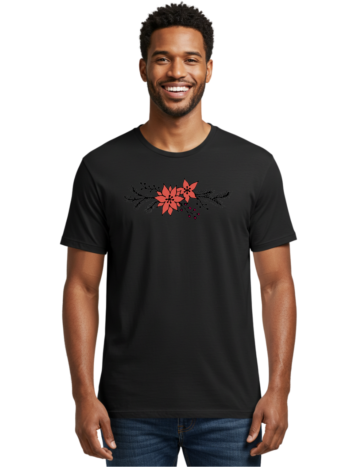 Christmas-Poinsettia Men'S Graphic Tee, 100% Cotton, Comfortable Casual Summer Wear, Machine Washable, Red Poinsettia Flowers, Festive Decorations, Holiday Decor, Christmas Flowers, Floral Arrangements, Winter Flowers -  Aaa818