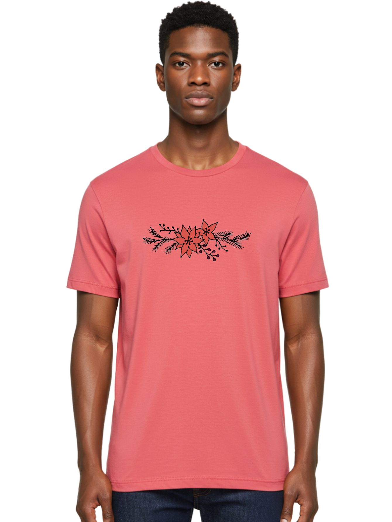Christmas-Poinsettia Men'S Graphic Tee, 100% Cotton, Comfortable Casual Summer Wear, Machine Washable, Red Poinsettia Flowers, Festive Decorations, Holiday Decor, Christmas Flowers, Floral Arrangements, Winter Flowers -  Aaa818