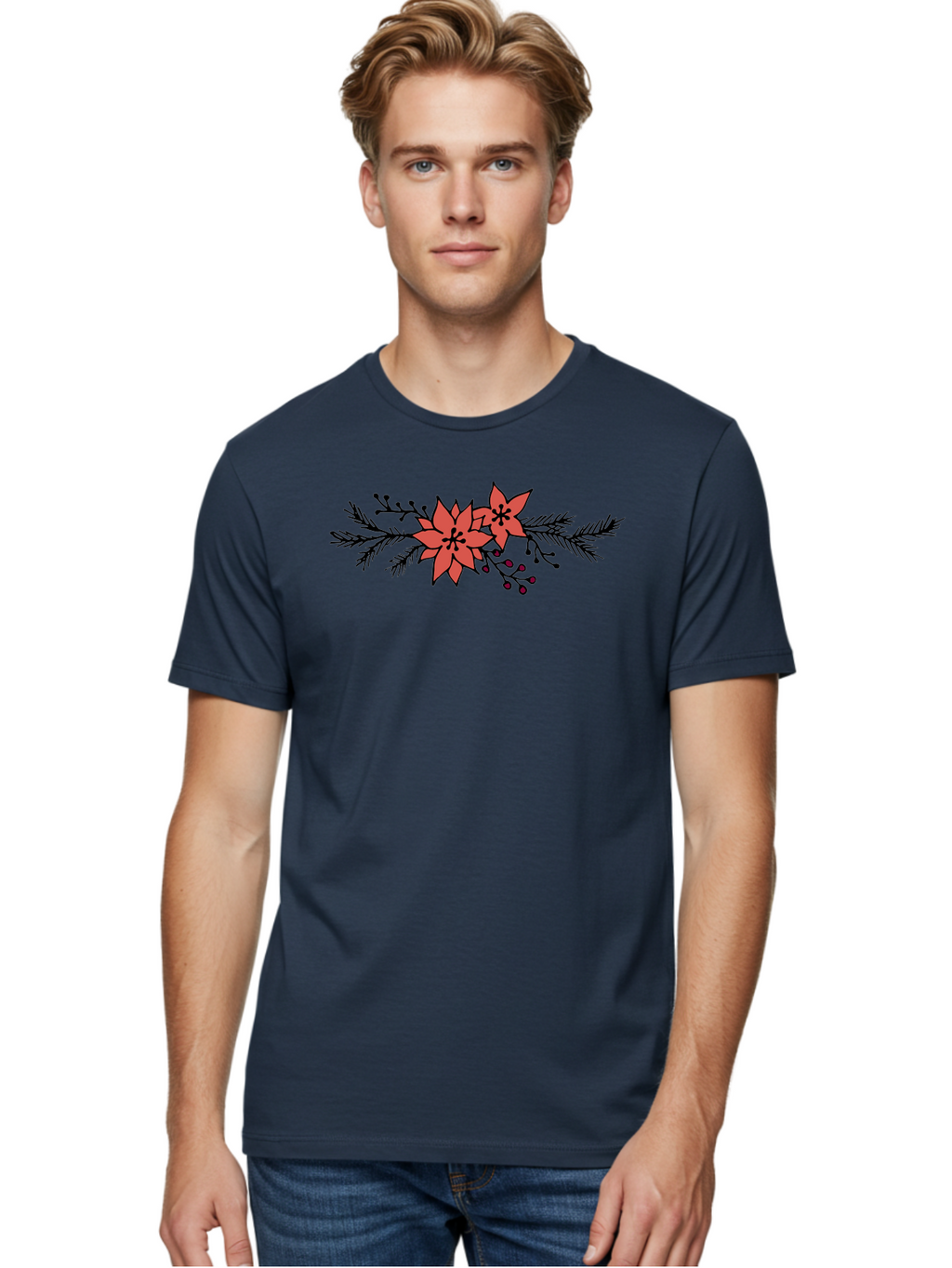 Christmas-Poinsettia Men'S Graphic Tee, 100% Cotton, Comfortable Casual Summer Wear, Machine Washable, Red Poinsettia Flowers, Festive Decorations, Holiday Decor, Christmas Flowers, Floral Arrangements, Winter Flowers -  Aaa818