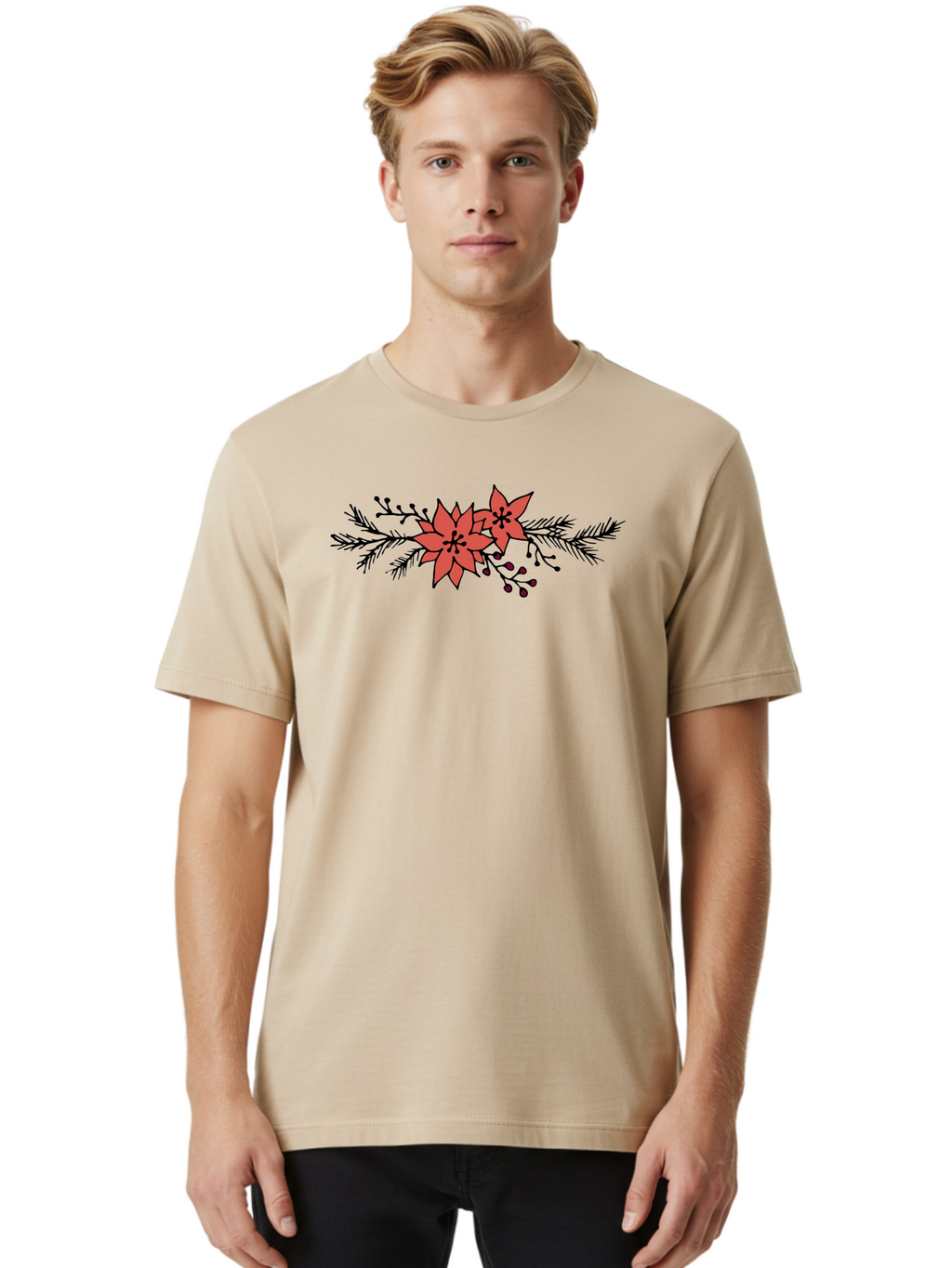 Christmas-Poinsettia Men'S Graphic Tee, 100% Cotton, Comfortable Casual Summer Wear, Machine Washable, Red Poinsettia Flowers, Festive Decorations, Holiday Decor, Christmas Flowers, Floral Arrangements, Winter Flowers -  Aaa818