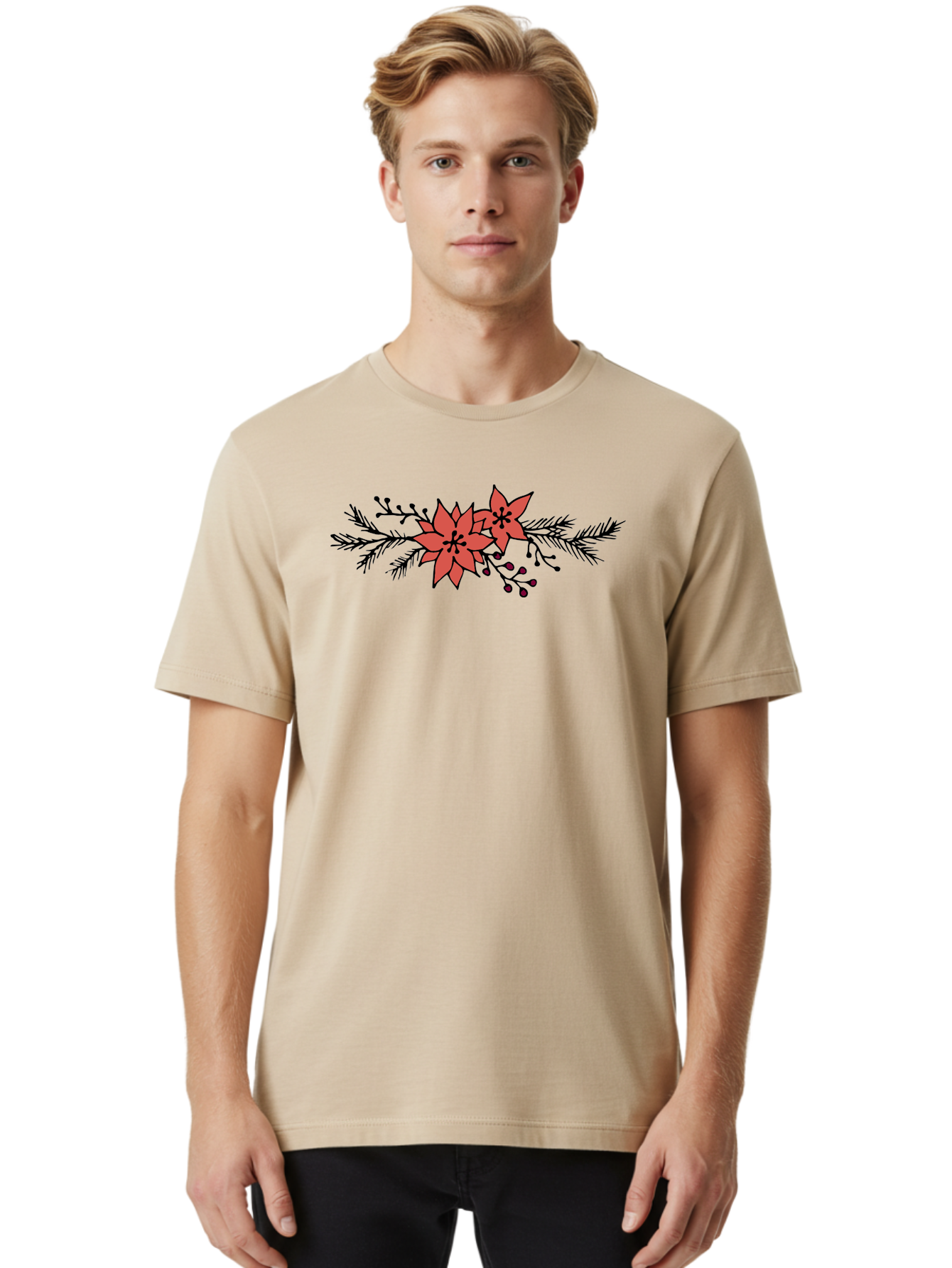 Christmas-Poinsettia Men'S Graphic Tee, 100% Cotton, Comfortable Casual Summer Wear, Machine Washable, Red Poinsettia Flowers, Festive Decorations, Holiday Decor, Christmas Flowers, Floral Arrangements, Winter Flowers -  Aaa818
