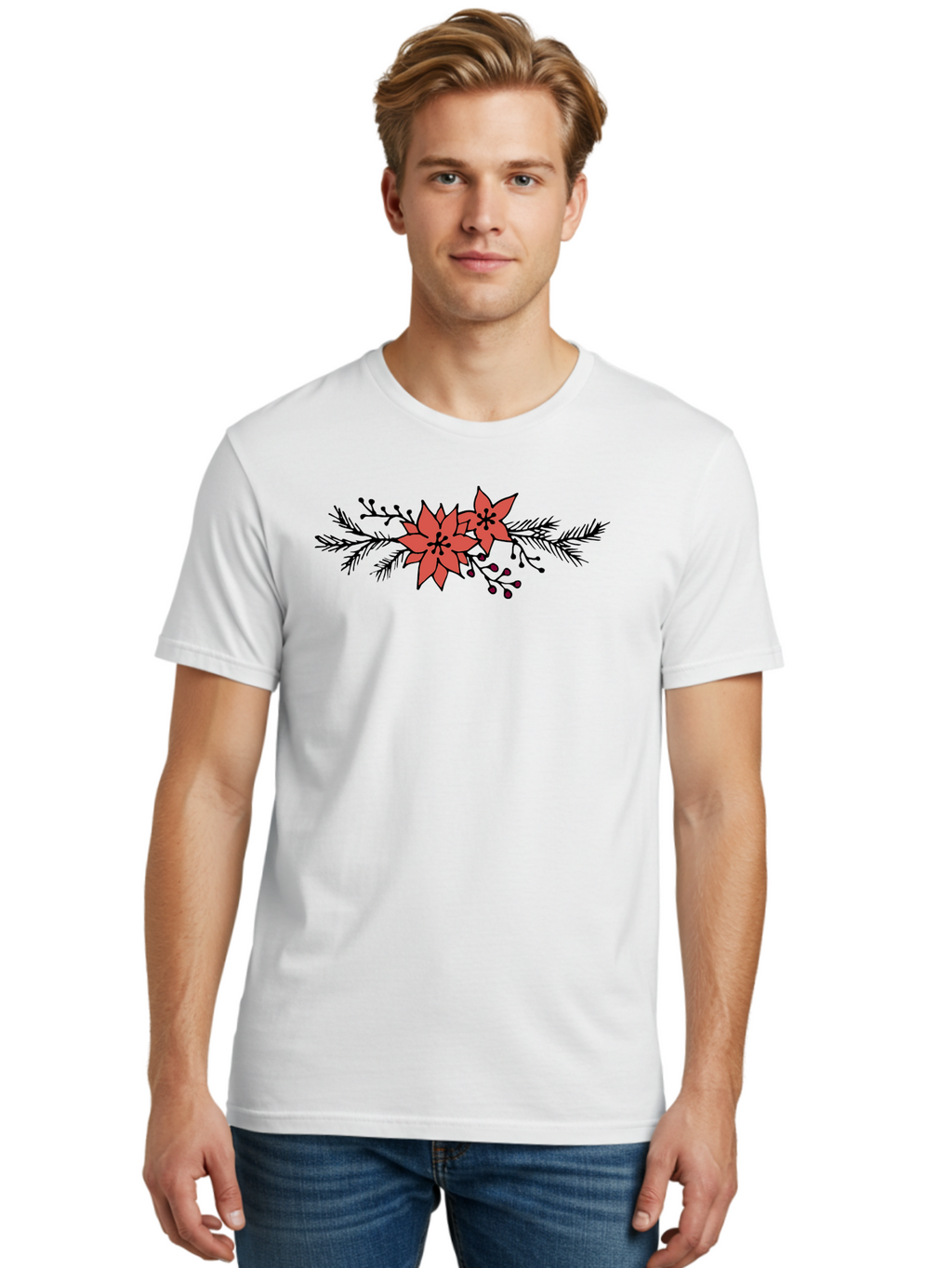 Christmas-Poinsettia Men'S Graphic Tee, 100% Cotton, Comfortable Casual Summer Wear, Machine Washable, Red Poinsettia Flowers, Festive Decorations, Holiday Decor, Christmas Flowers, Floral Arrangements, Winter Flowers -  Aaa818