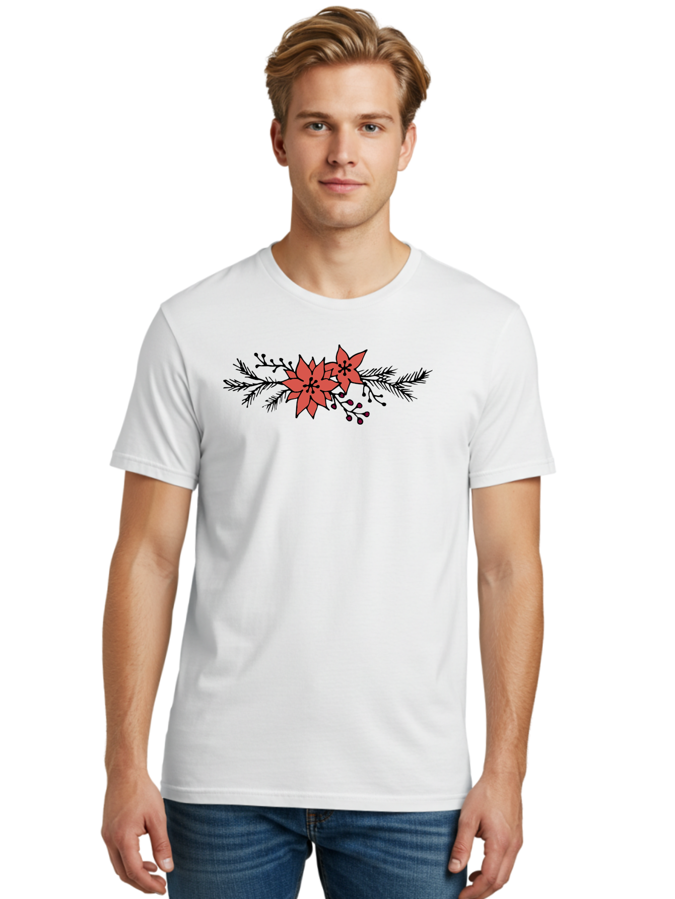 Christmas-Poinsettia Men'S Graphic Tee, 100% Cotton, Comfortable Casual Summer Wear, Machine Washable, Red Poinsettia Flowers, Festive Decorations, Holiday Decor, Christmas Flowers, Floral Arrangements, Winter Flowers -  Aaa818