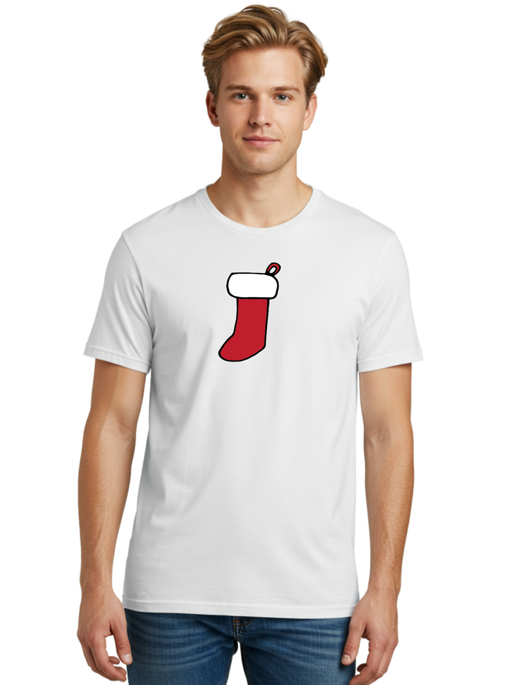 Christmas-Stocking-2 Men'S Graphic Tee, 100% Cotton, Comfortable Casual Summer Wear, Machine Washable, Christmas Stocking, Red And White, Festive Decor, Holiday Season, Merry Christmas, Winter Wonderland, Seasonal Illustration -  Aaa820