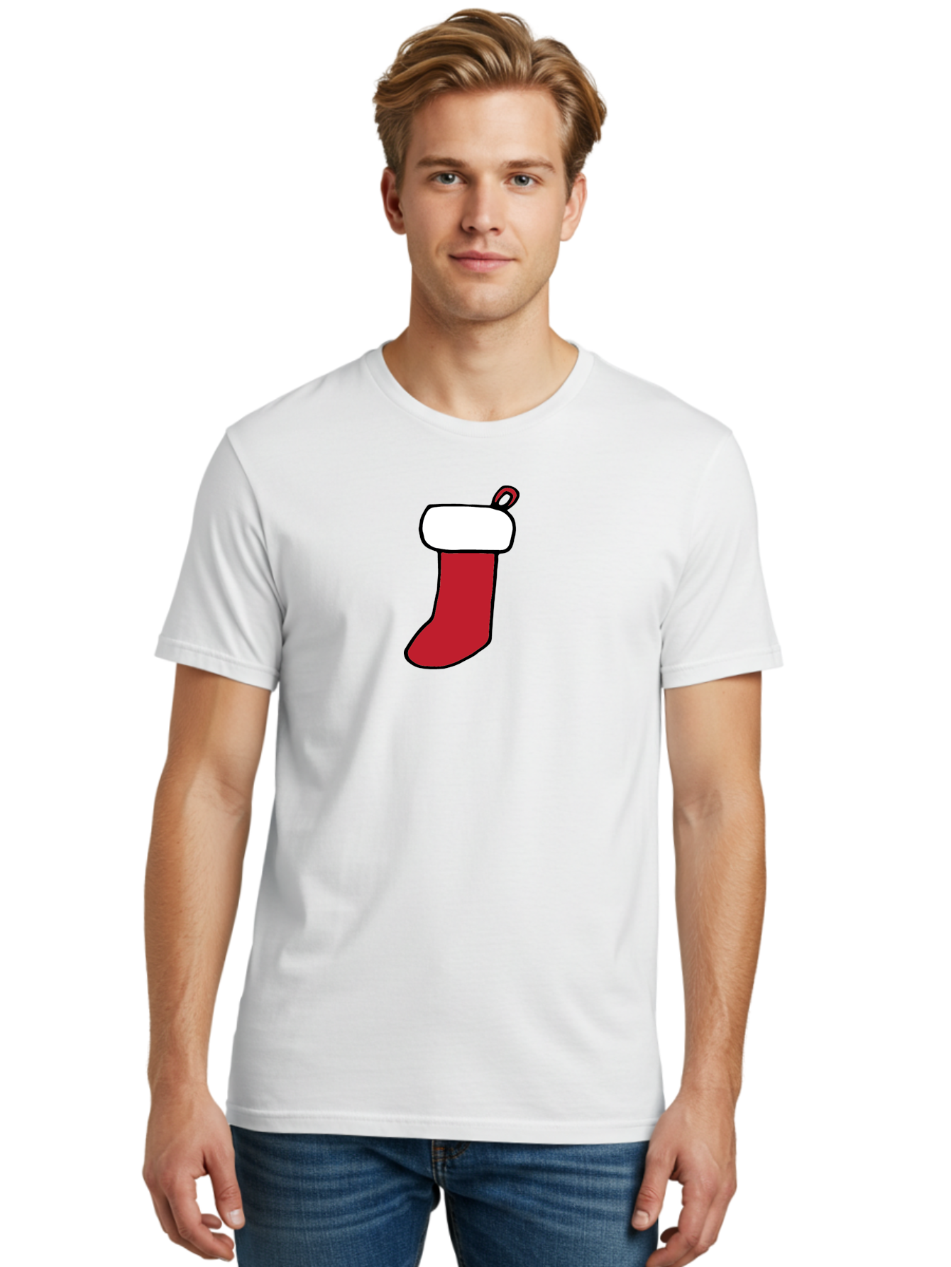 Christmas-Stocking-2 Men'S Graphic Tee, 100% Cotton, Comfortable Casual Summer Wear, Machine Washable, Christmas Stocking, Red And White, Festive Decor, Holiday Season, Merry Christmas, Winter Wonderland, Seasonal Illustration -  Aaa820