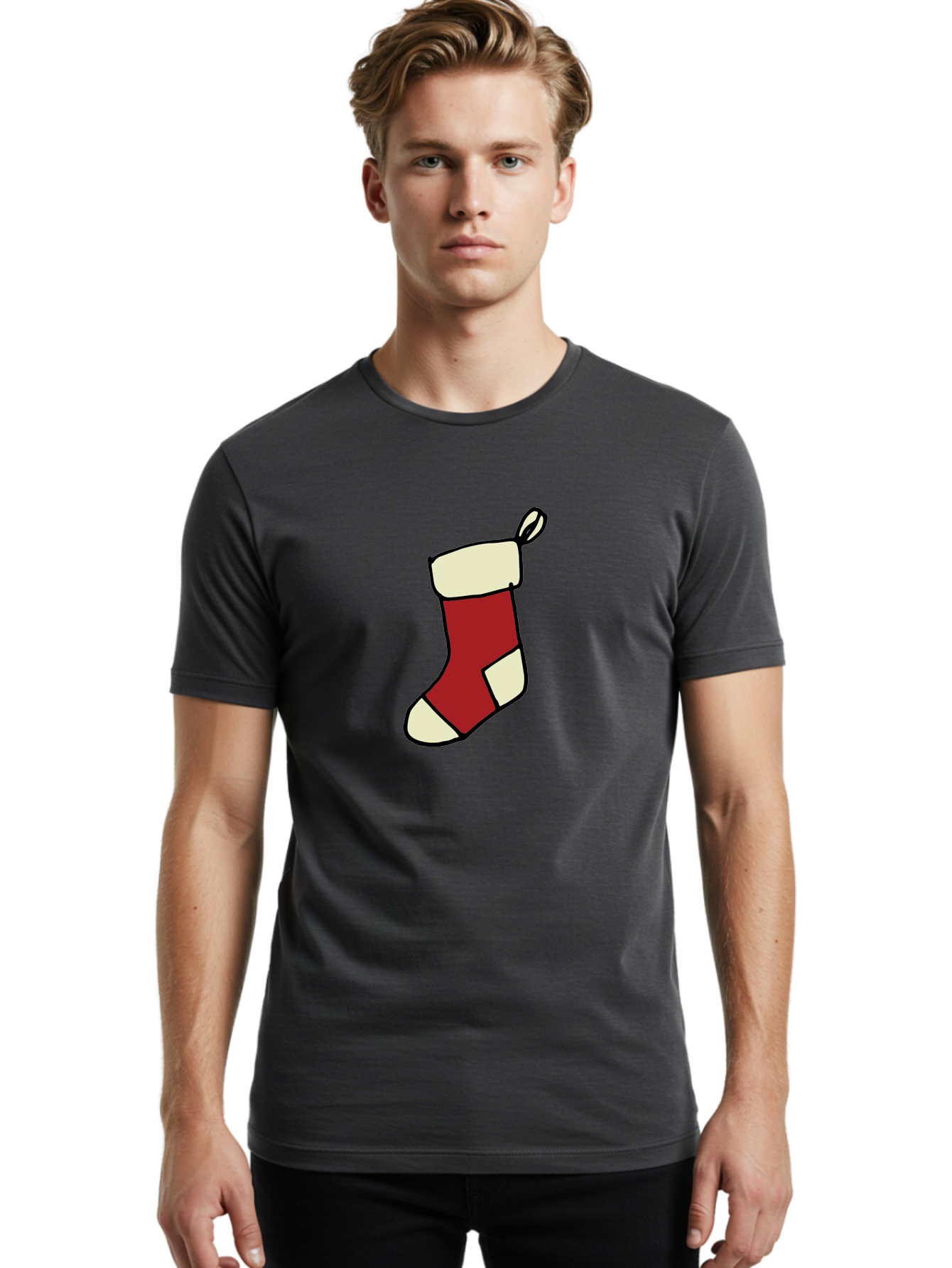 Christmas-Stocking Men'S Graphic Tee, 100% Cotton, Comfortable Casual Summer Wear, Machine Washable, Christmas Stocking, Holiday Decor, Festive Tradition, Red And White Colors, Black Outline, Cartoon Style, Holiday Season, Winter Wonderland -  Aaa821