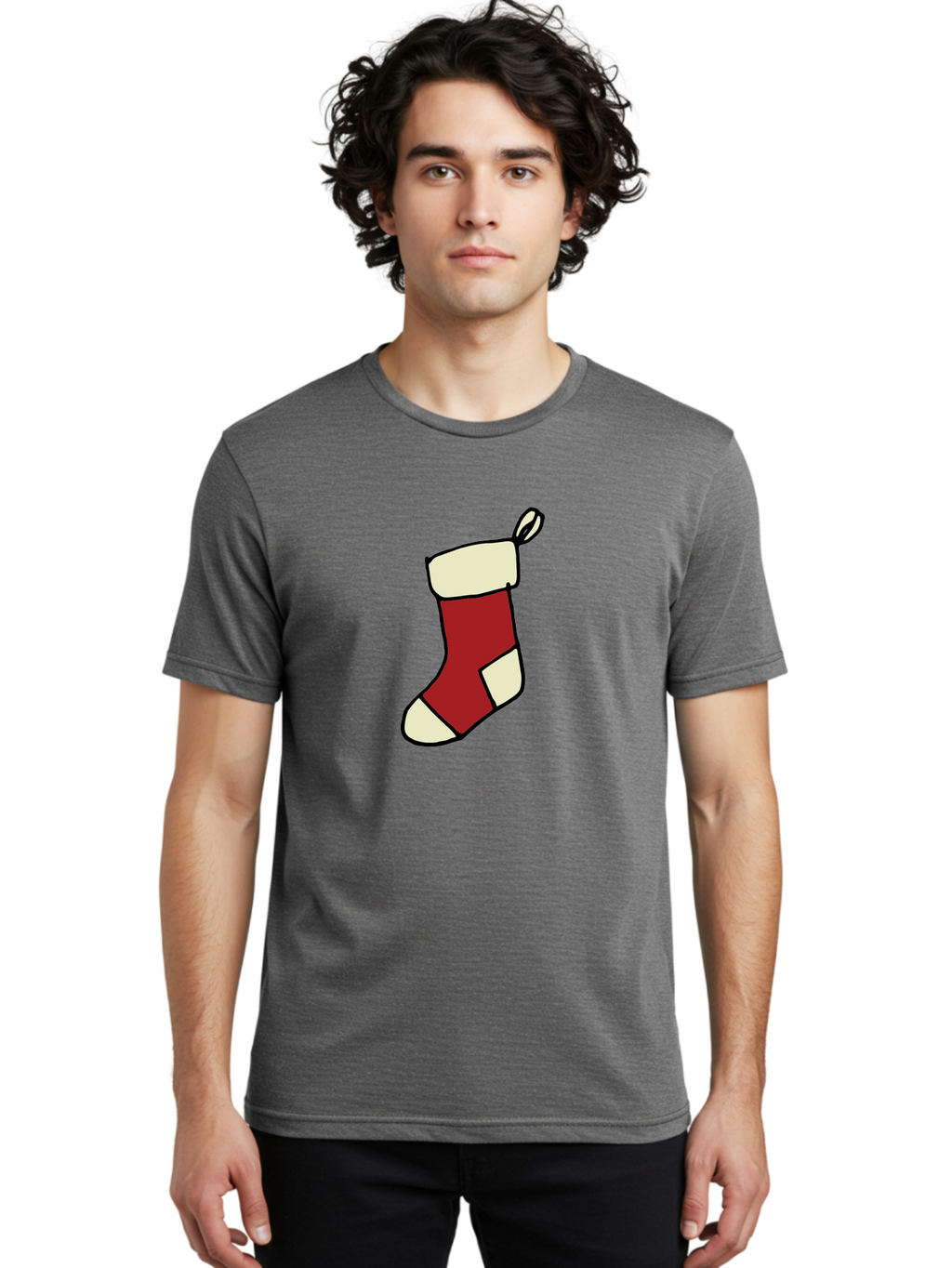 Christmas-Stocking Men'S Graphic Tee, 100% Cotton, Comfortable Casual Summer Wear, Machine Washable, Christmas Stocking, Holiday Decor, Festive Tradition, Red And White Colors, Black Outline, Cartoon Style, Holiday Season, Winter Wonderland -  Aaa821