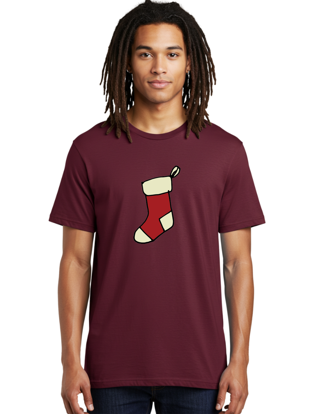 Christmas-Stocking Men'S Graphic Tee, 100% Cotton, Comfortable Casual Summer Wear, Machine Washable, Christmas Stocking, Holiday Decor, Festive Tradition, Red And White Colors, Black Outline, Cartoon Style, Holiday Season, Winter Wonderland -  Aaa821