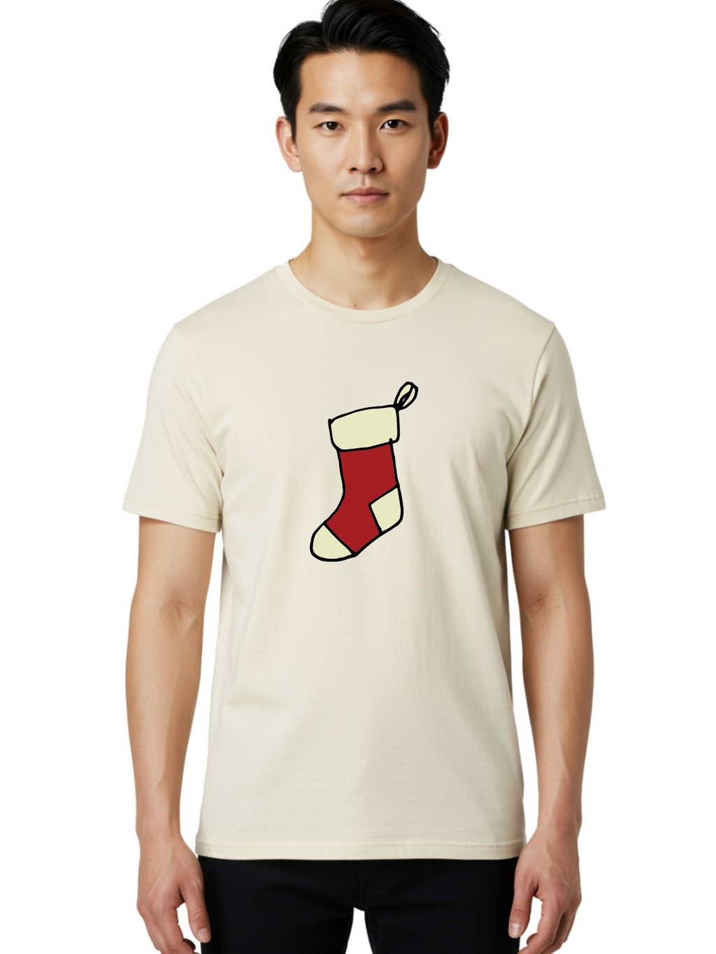 Christmas-Stocking Men'S Graphic Tee, 100% Cotton, Comfortable Casual Summer Wear, Machine Washable, Christmas Stocking, Holiday Decor, Festive Tradition, Red And White Colors, Black Outline, Cartoon Style, Holiday Season, Winter Wonderland -  Aaa821