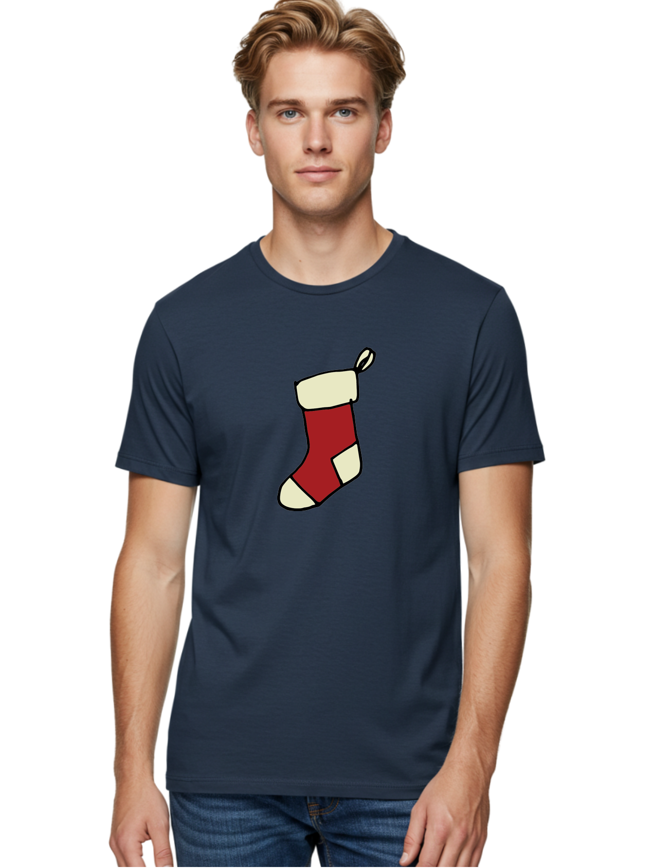 Christmas-Stocking Men'S Graphic Tee, 100% Cotton, Comfortable Casual Summer Wear, Machine Washable, Christmas Stocking, Holiday Decor, Festive Tradition, Red And White Colors, Black Outline, Cartoon Style, Holiday Season, Winter Wonderland -  Aaa821