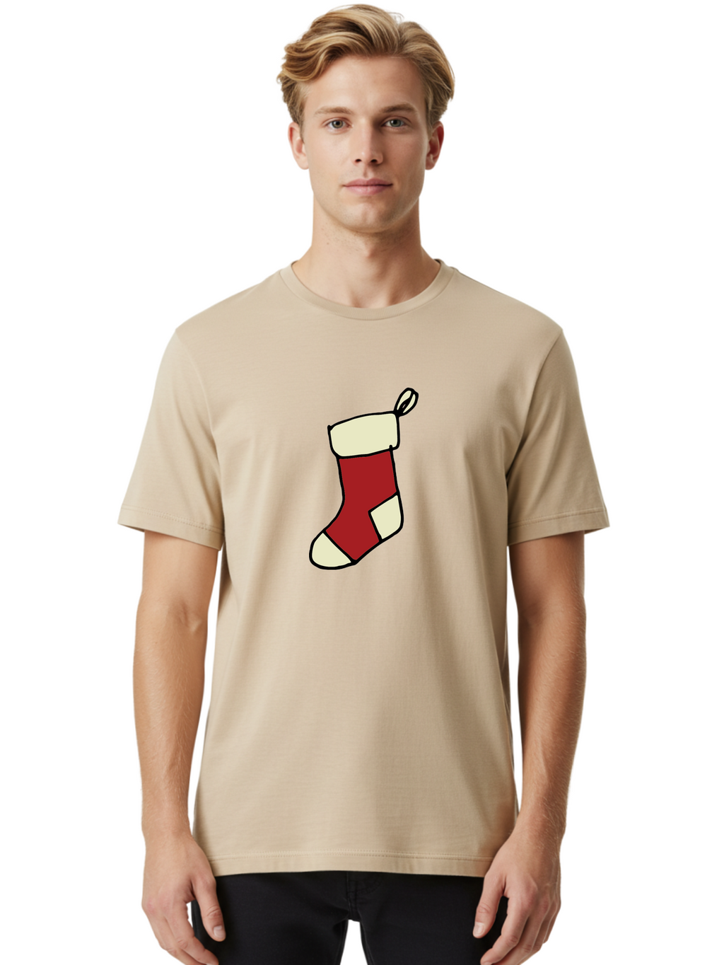Christmas-Stocking Men'S Graphic Tee, 100% Cotton, Comfortable Casual Summer Wear, Machine Washable, Christmas Stocking, Holiday Decor, Festive Tradition, Red And White Colors, Black Outline, Cartoon Style, Holiday Season, Winter Wonderland -  Aaa821