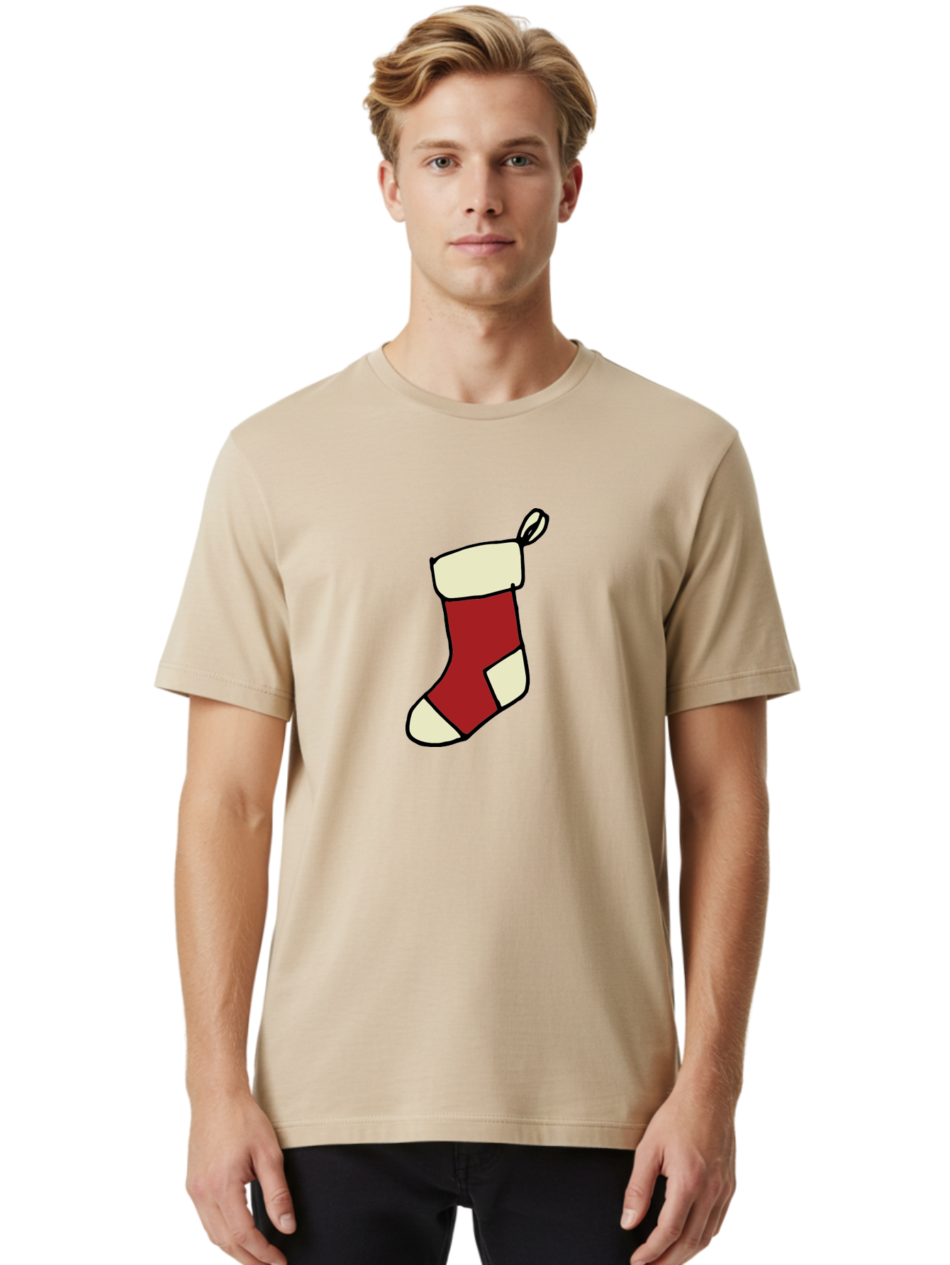 Christmas-Stocking Men'S Graphic Tee, 100% Cotton, Comfortable Casual Summer Wear, Machine Washable, Christmas Stocking, Holiday Decor, Festive Tradition, Red And White Colors, Black Outline, Cartoon Style, Holiday Season, Winter Wonderland -  Aaa821