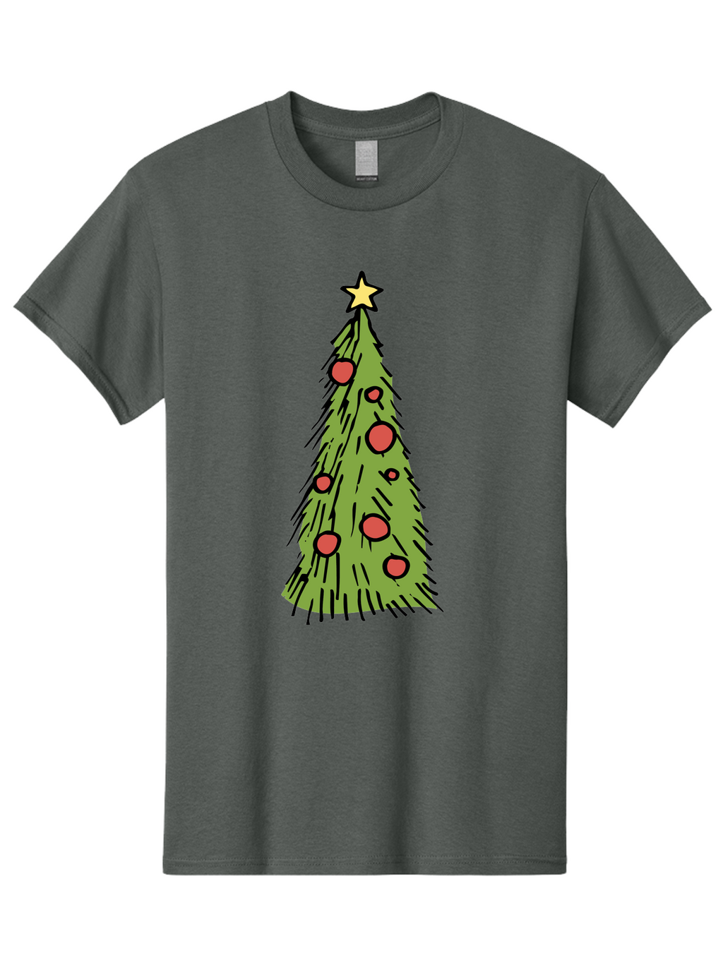 Christmas-Tree-2 Men'S Graphic Tee, 100% Cotton, Comfortable Casual Summer Wear, Machine Washable, Christmas Tree, Festive Decorations, Red Ornaments, Yellow Star, Holiday Season, Winter Wonderland, Cartoon Illustration, Simple Design -  Aaa823