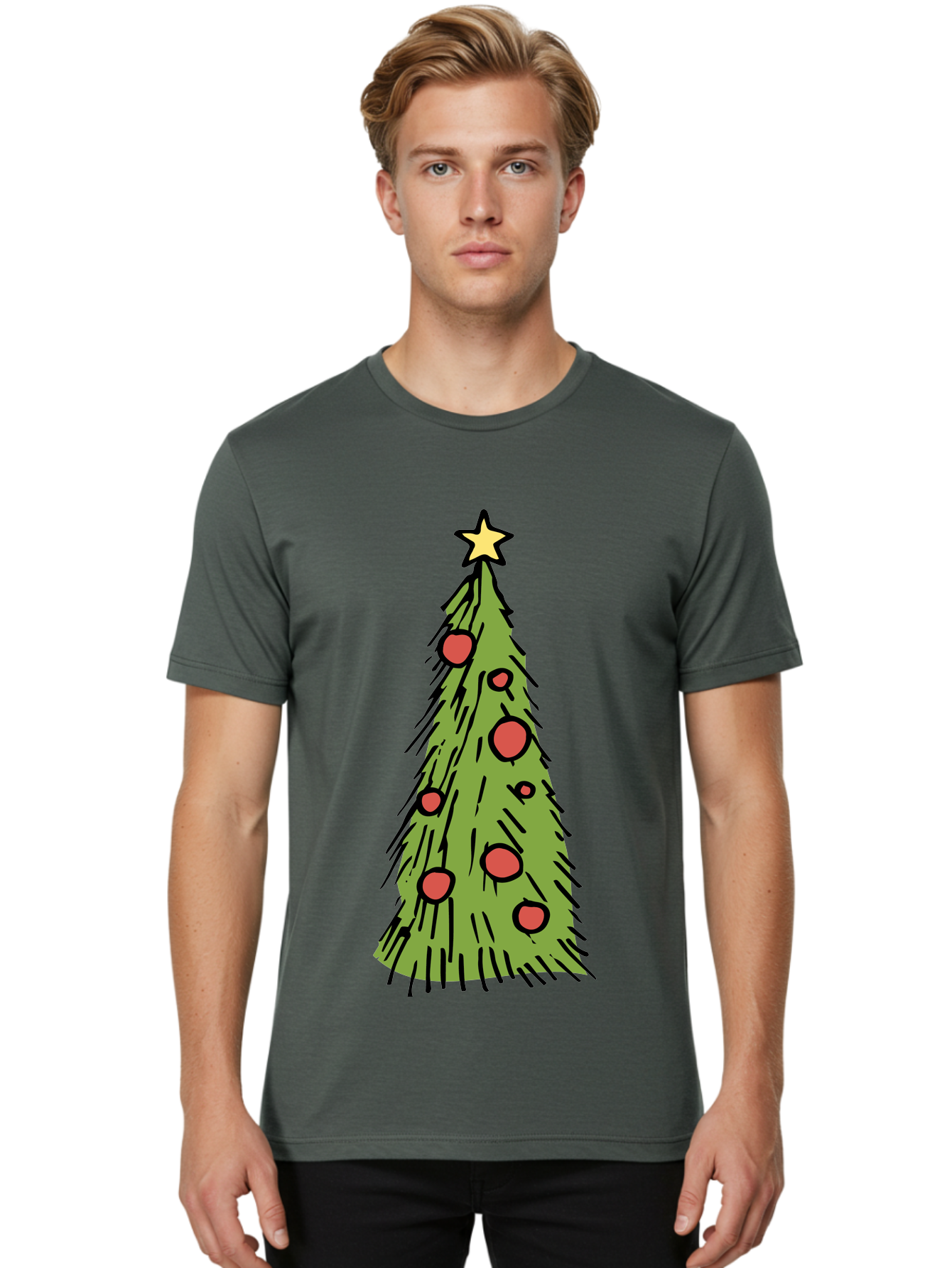 Christmas-Tree-2 Men'S Graphic Tee, 100% Cotton, Comfortable Casual Summer Wear, Machine Washable, Christmas Tree, Festive Decorations, Red Ornaments, Yellow Star, Holiday Season, Winter Wonderland, Cartoon Illustration, Simple Design -  Aaa823