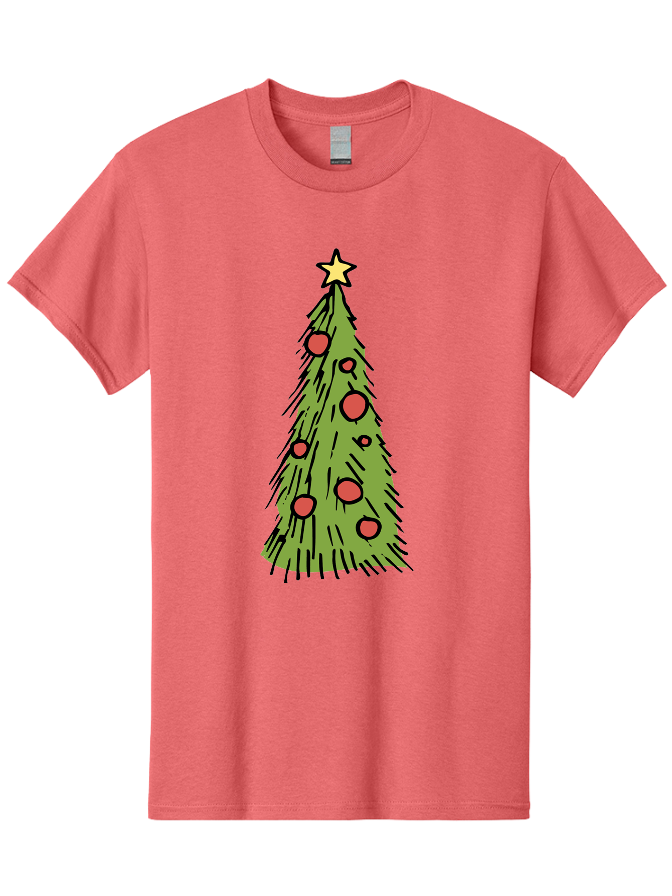 Christmas-Tree-2 Men'S Graphic Tee, 100% Cotton, Comfortable Casual Summer Wear, Machine Washable, Christmas Tree, Festive Decorations, Red Ornaments, Yellow Star, Holiday Season, Winter Wonderland, Cartoon Illustration, Simple Design -  Aaa823