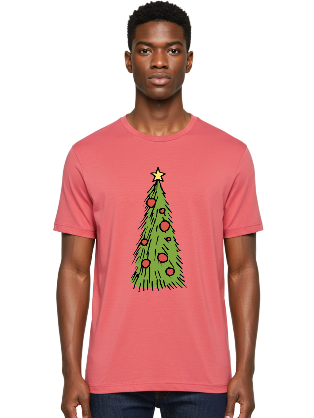 Christmas-Tree-2 Men'S Graphic Tee, 100% Cotton, Comfortable Casual Summer Wear, Machine Washable, Christmas Tree, Festive Decorations, Red Ornaments, Yellow Star, Holiday Season, Winter Wonderland, Cartoon Illustration, Simple Design -  Aaa823