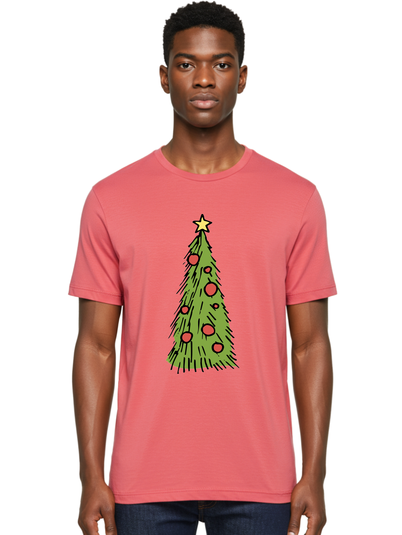 Christmas-Tree-2 Men'S Graphic Tee, 100% Cotton, Comfortable Casual Summer Wear, Machine Washable, Christmas Tree, Festive Decorations, Red Ornaments, Yellow Star, Holiday Season, Winter Wonderland, Cartoon Illustration, Simple Design -  Aaa823
